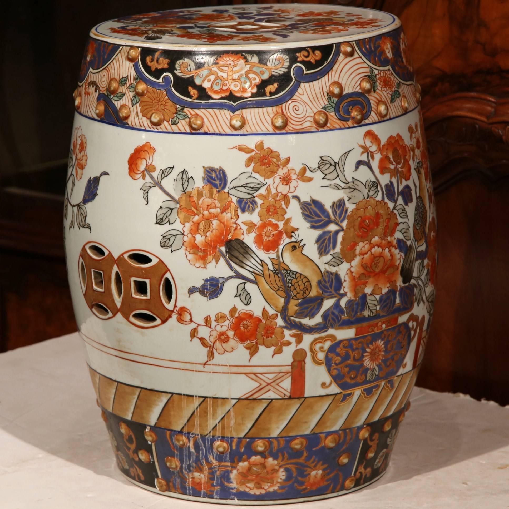 19th Century Japanese Hand-Painted Porcelain Imari Stool with Birds and Flowers 1