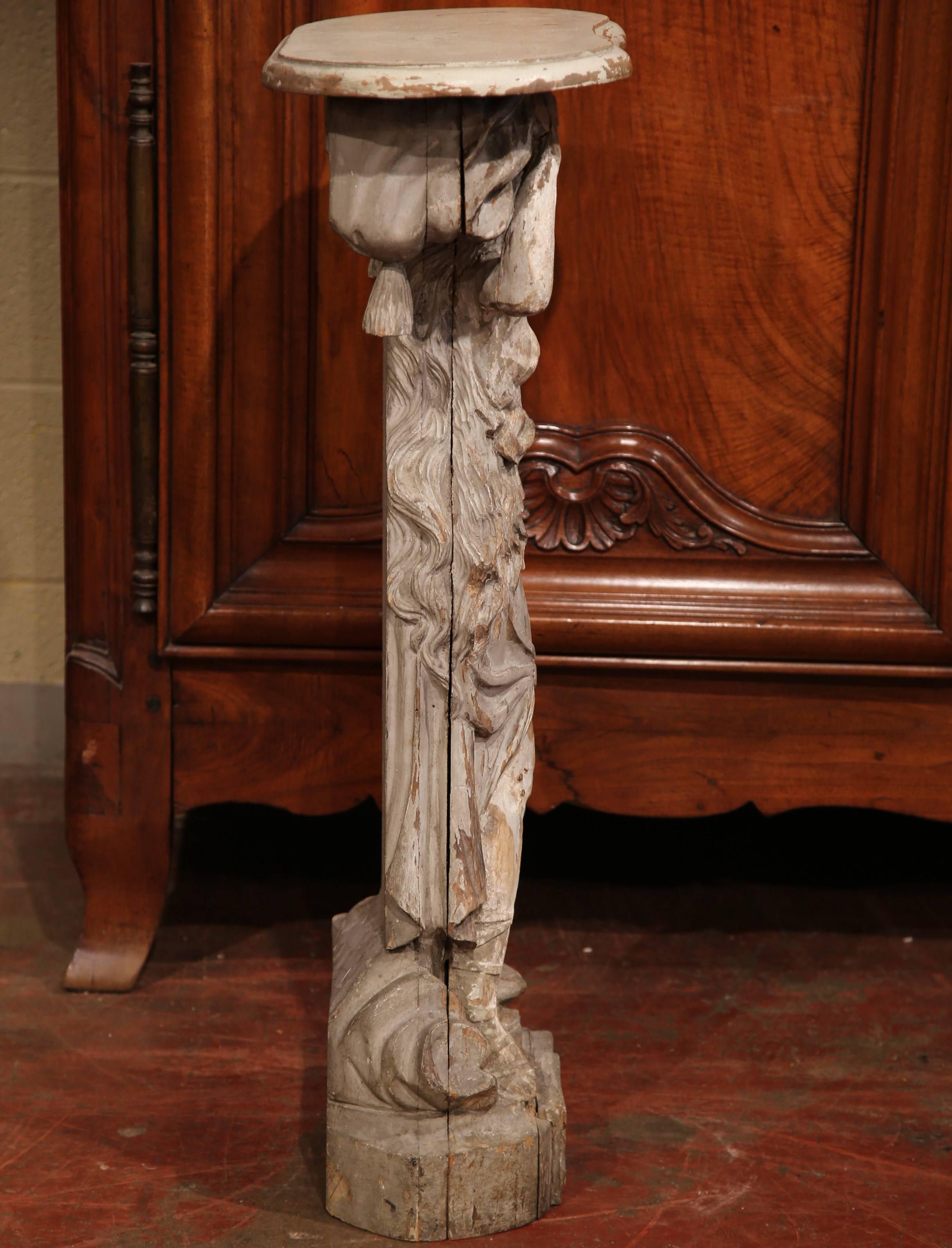 18th Century French Grecian Carved Painted Figure Converted into Pedestal In Excellent Condition In Dallas, TX