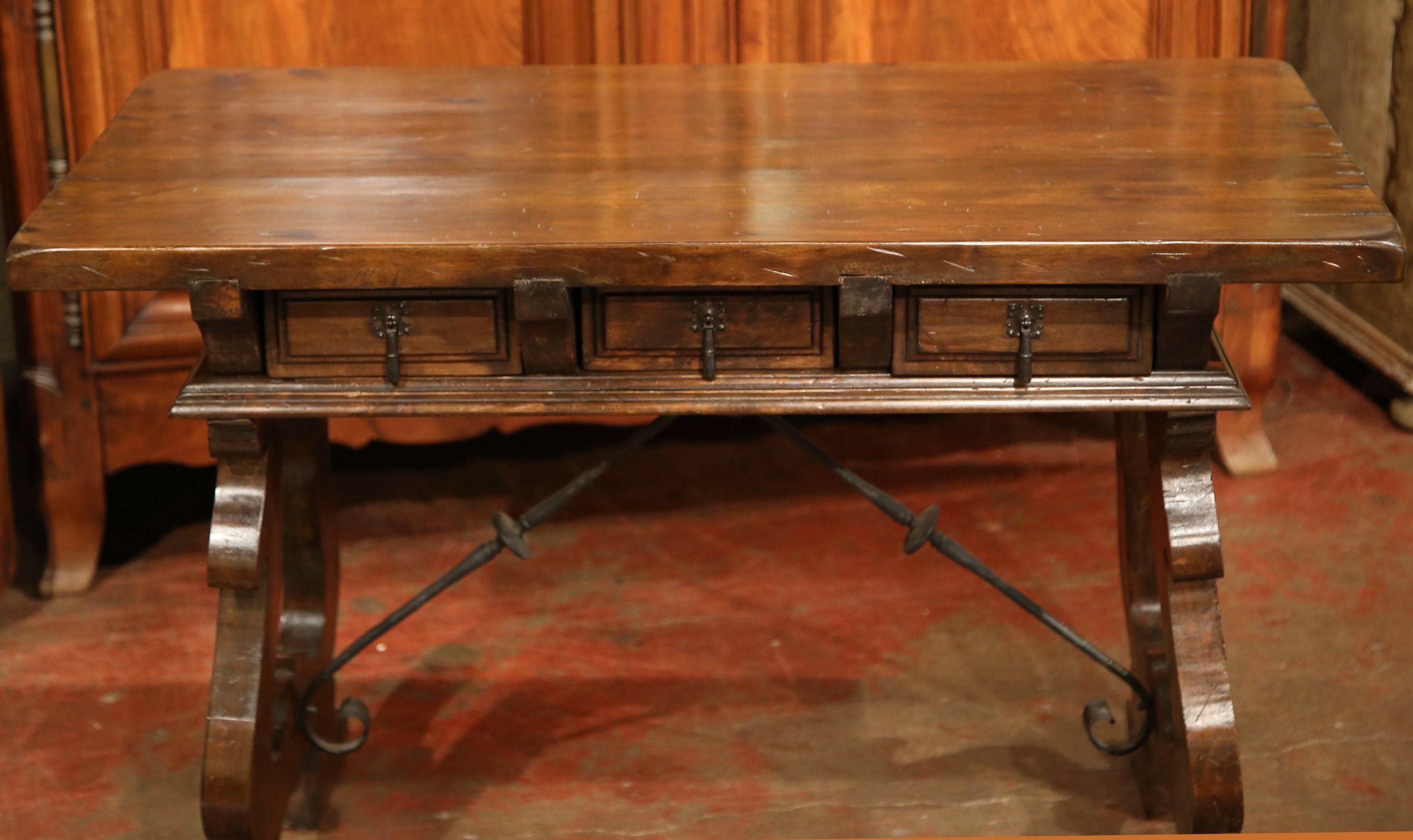 Early 20th Century Spanish Walnut Desk with Iron Stretcher and Two Drawers In Excellent Condition In Dallas, TX