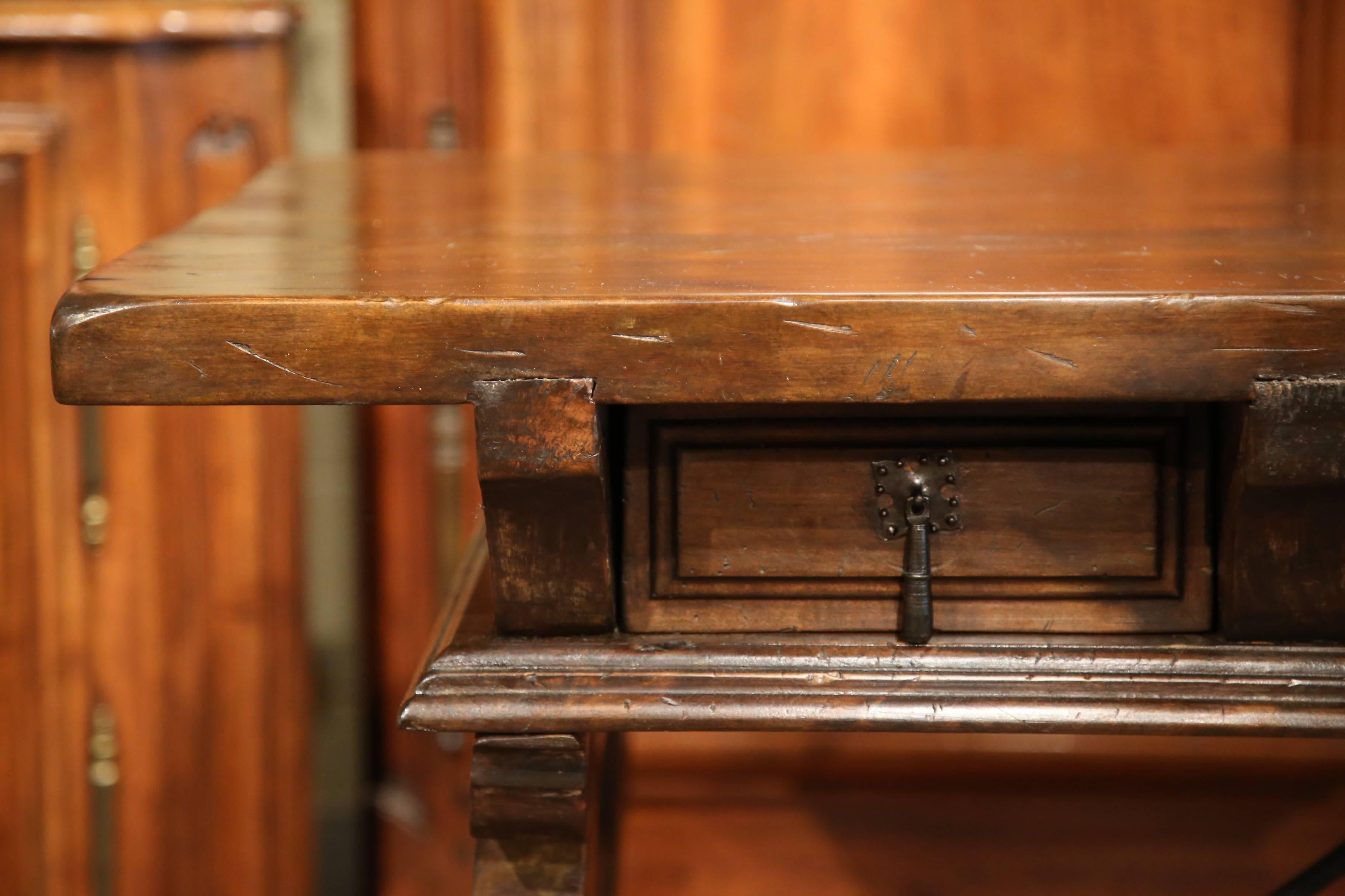 Wrought Iron Early 20th Century Spanish Walnut Desk with Iron Stretcher and Two Drawers