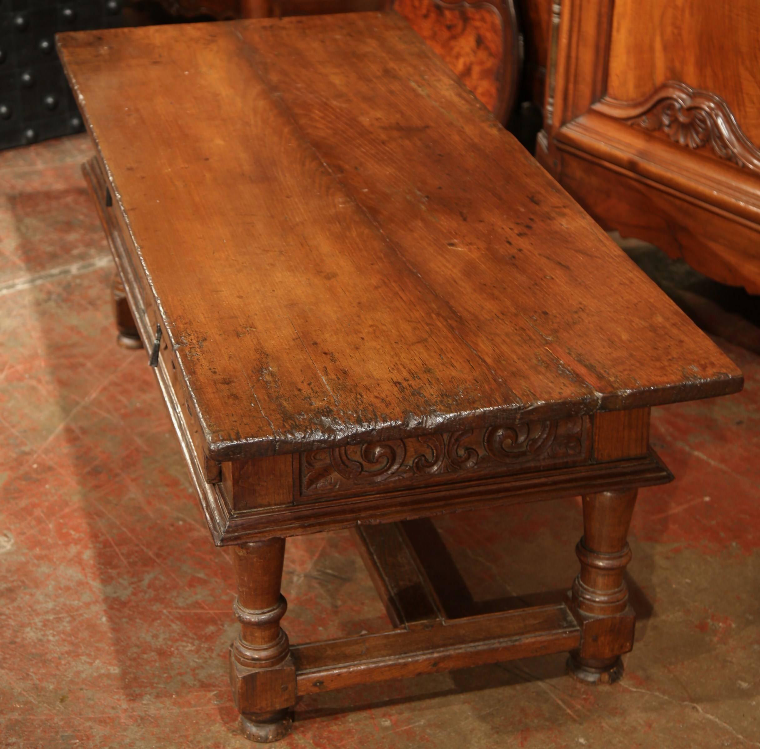 Louis XIII 19th Century French Carved Chestnut Two-Drawer Coffee Table from the Pyrenees