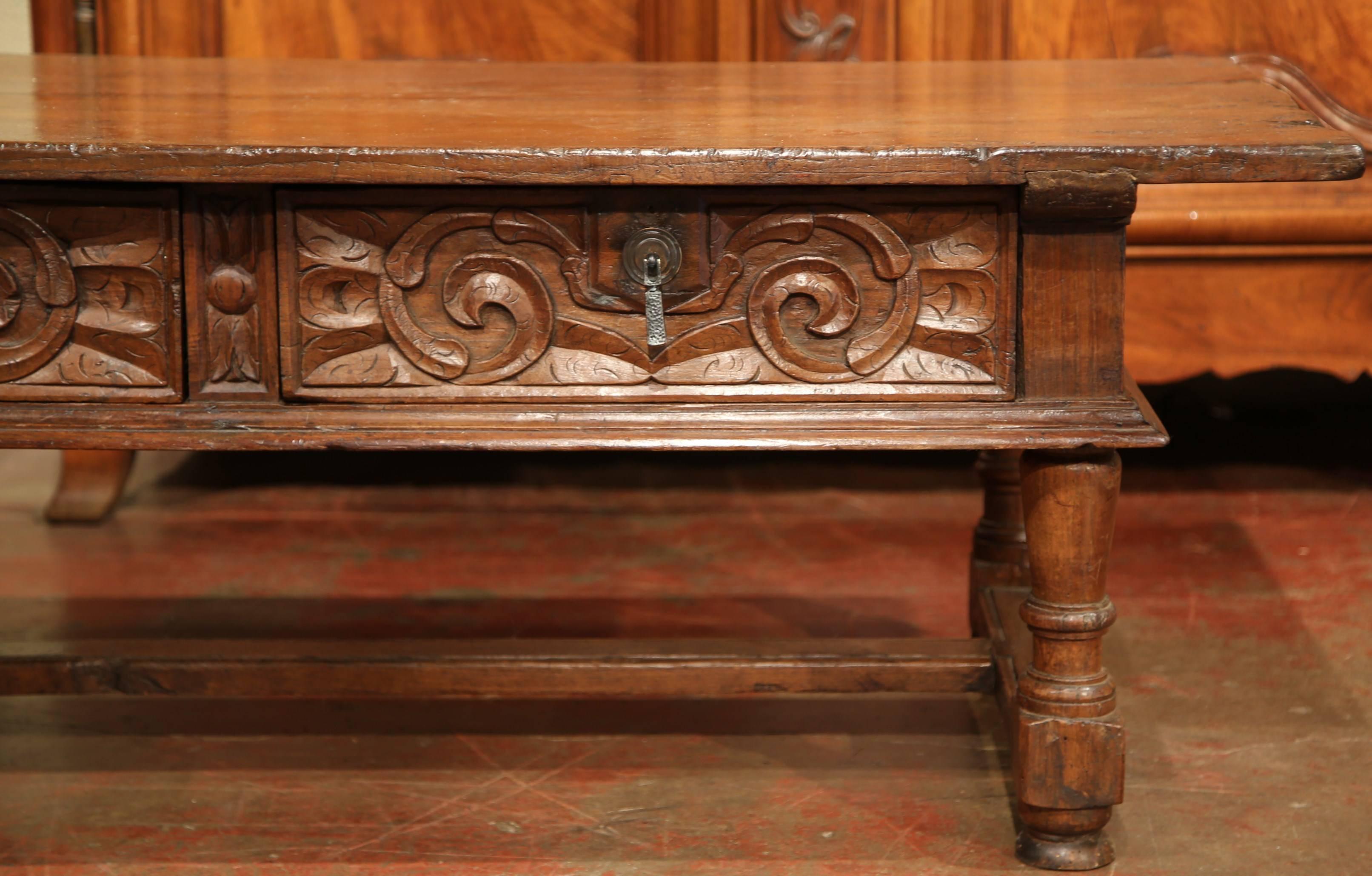 19th Century French Carved Chestnut Two-Drawer Coffee Table from the Pyrenees In Excellent Condition In Dallas, TX