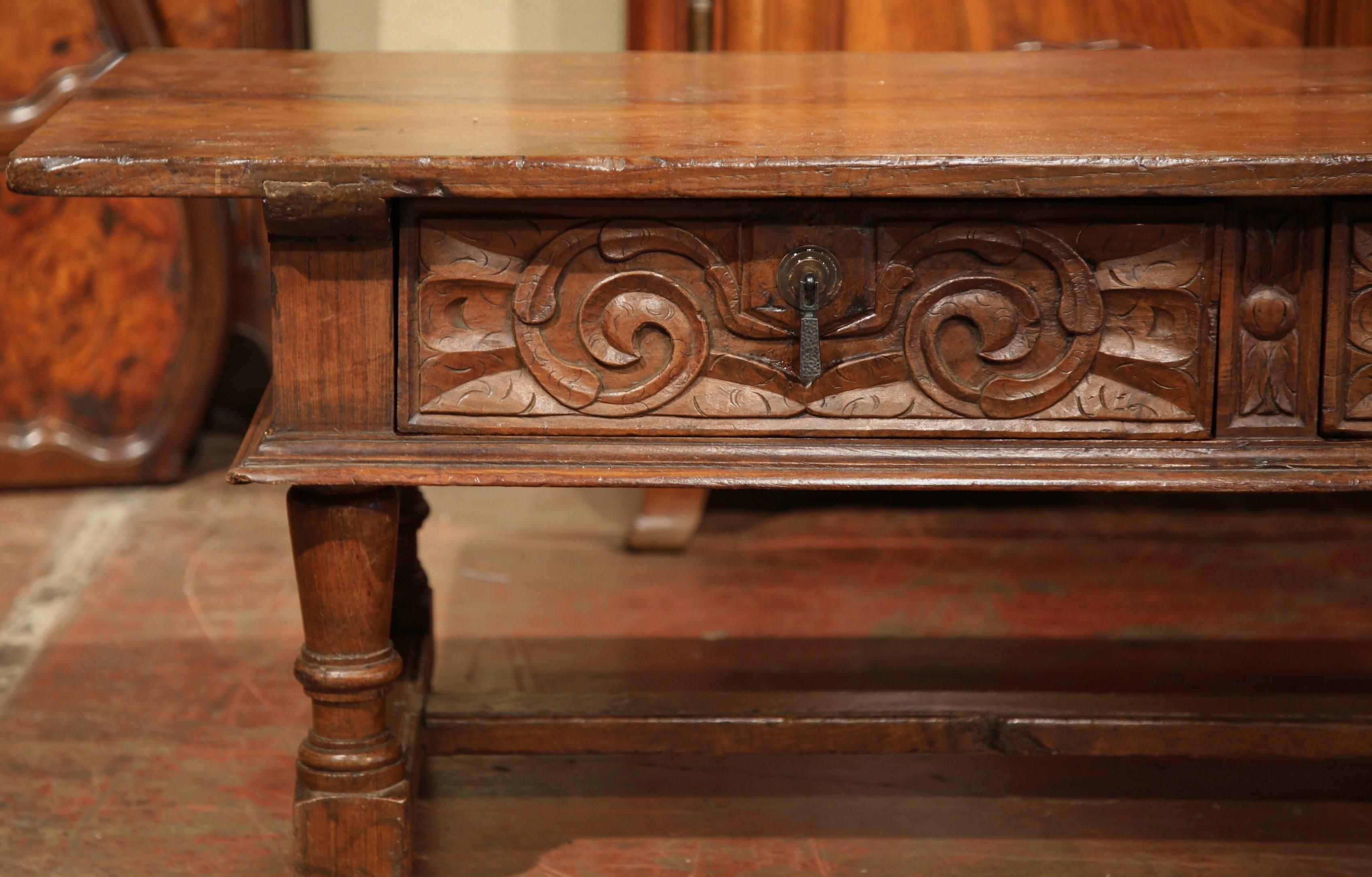 Patinated 19th Century French Carved Chestnut Two-Drawer Coffee Table from the Pyrenees