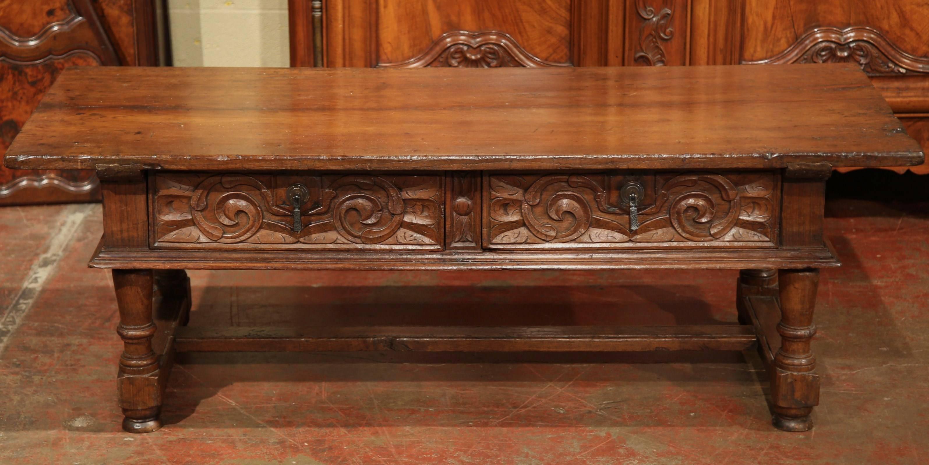 19th Century French Carved Chestnut Two-Drawer Coffee Table from the Pyrenees 1