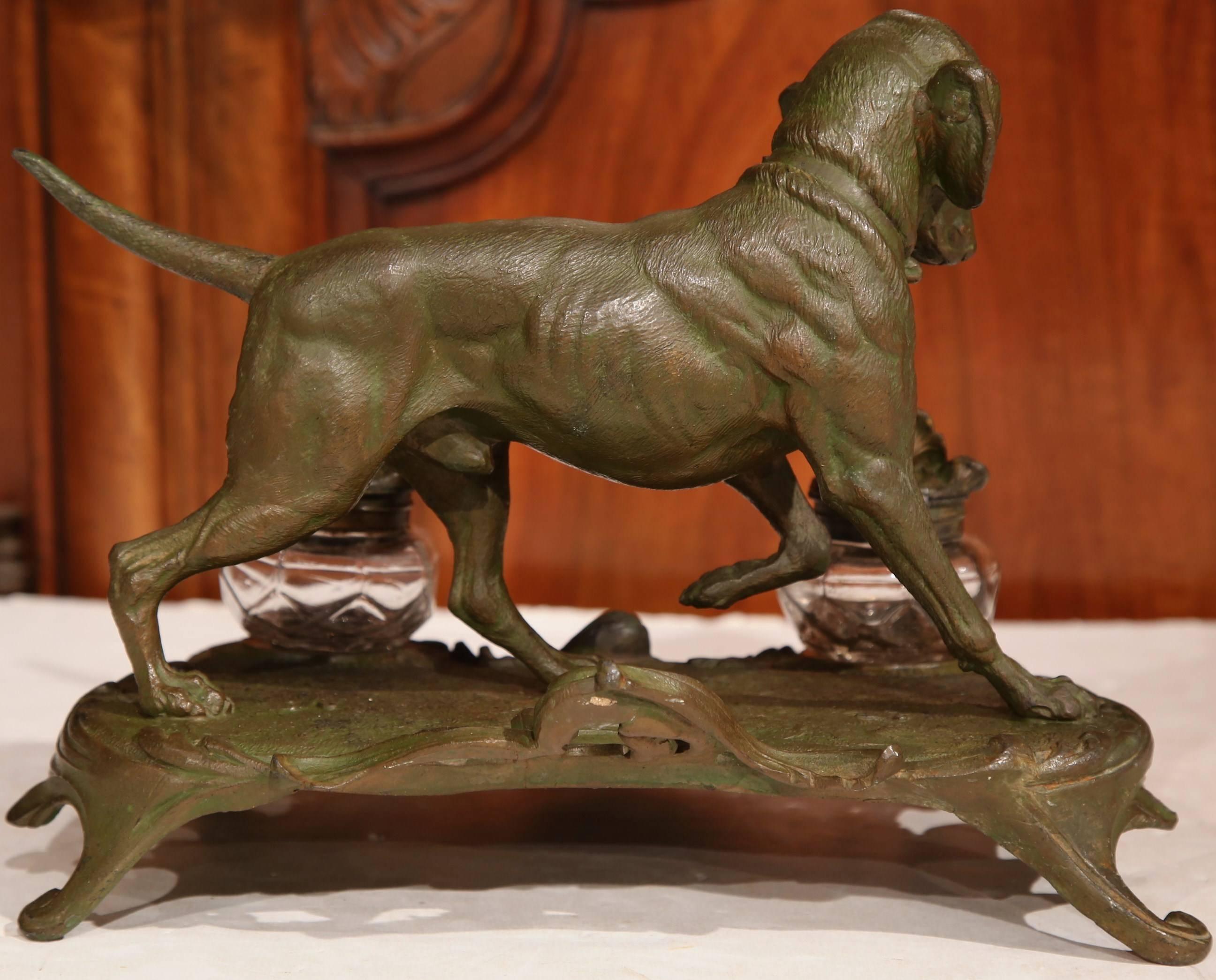 19th Century French Louis XV Patinated Spelter Inkwell with Hunting Dog 3
