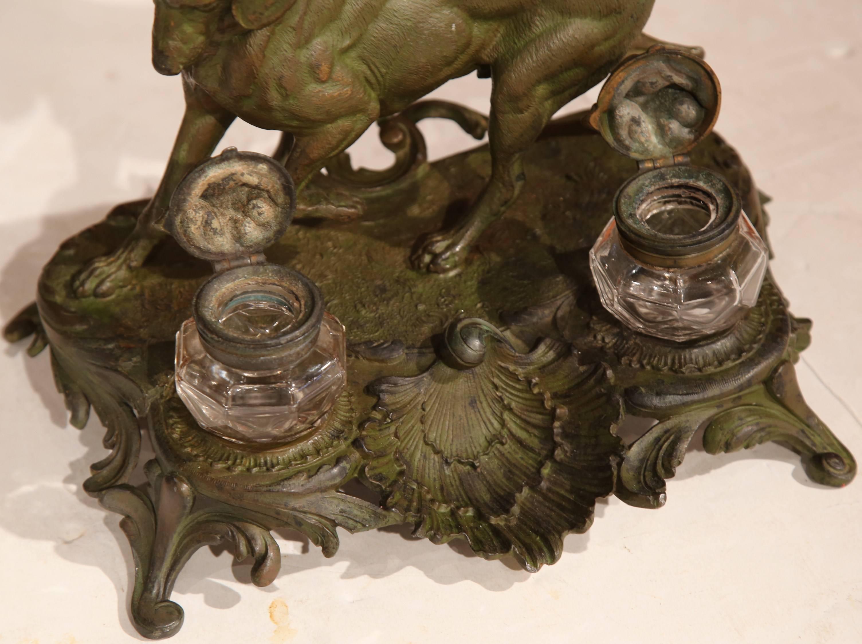 19th Century French Louis XV Patinated Spelter Inkwell with Hunting Dog In Excellent Condition In Dallas, TX