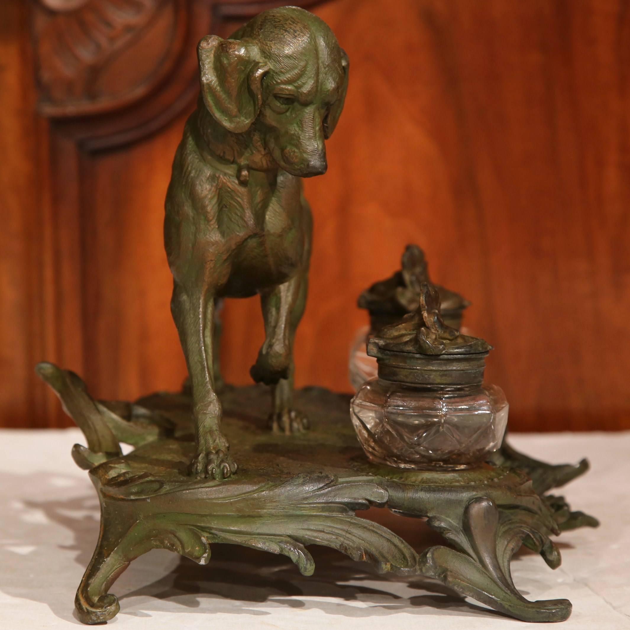 19th Century French Louis XV Patinated Spelter Inkwell with Hunting Dog 1