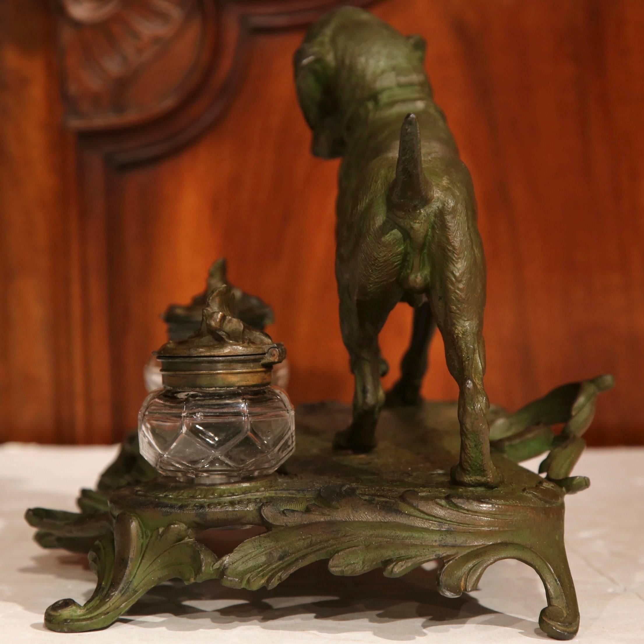 19th Century French Louis XV Patinated Spelter Inkwell with Hunting Dog 2