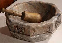 19th Century, French Carved Marble Apothecary Mortar with Walnut Pestle