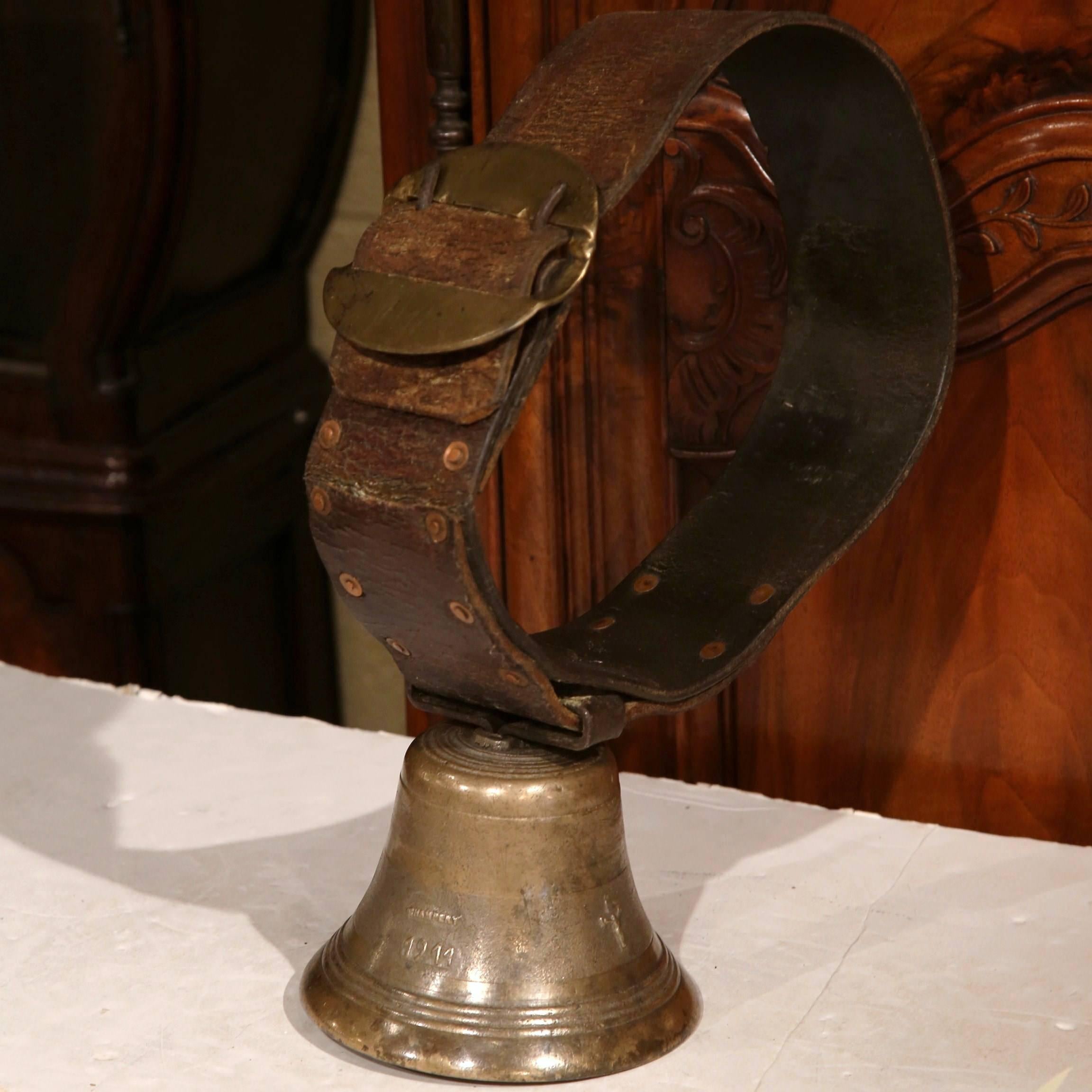 Early 20th Century Swiss Bronze Cow Bell with Leather Collar Dated 1911 In Excellent Condition In Dallas, TX