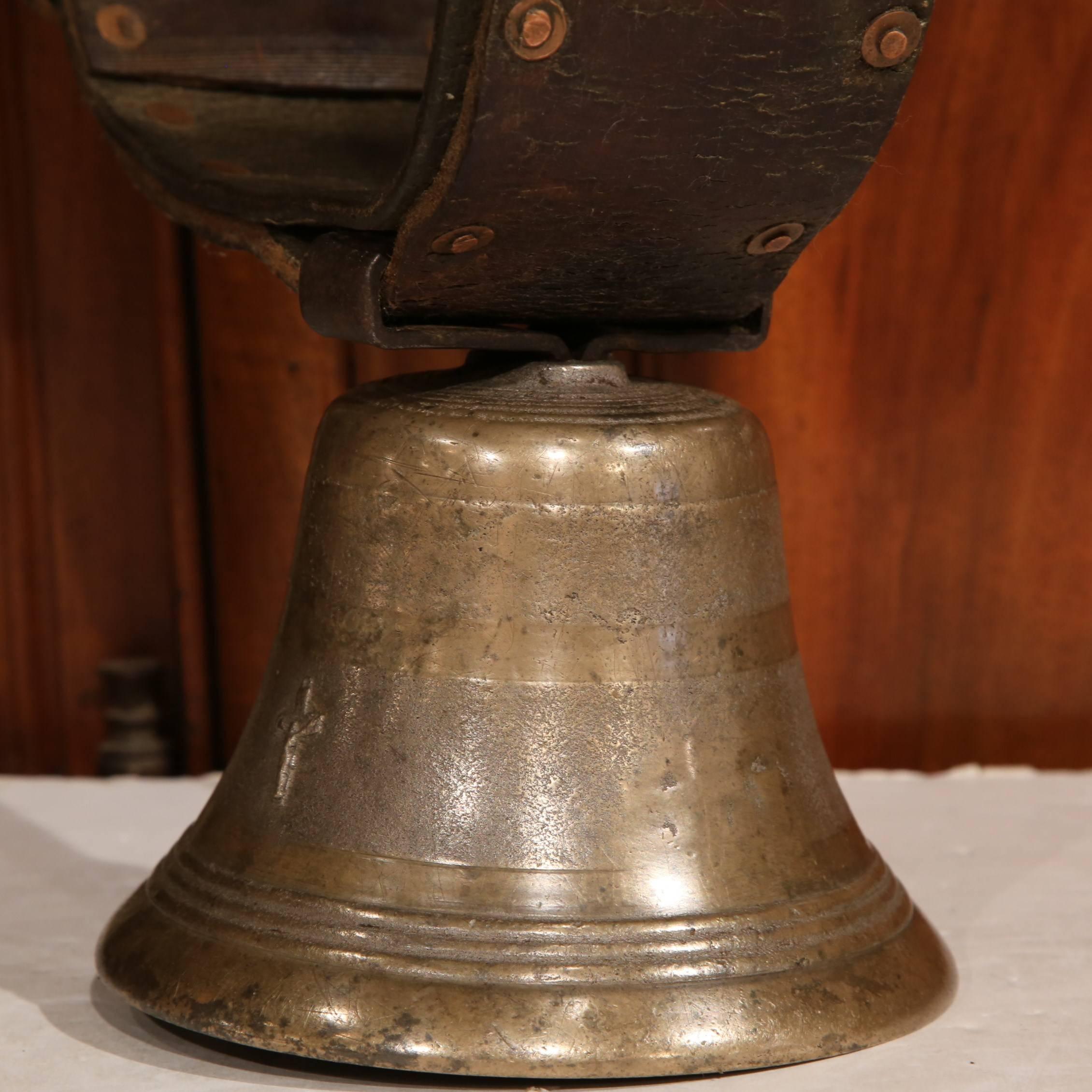 Early 20th Century Swiss Bronze Cow Bell with Leather Collar Dated 1911 3