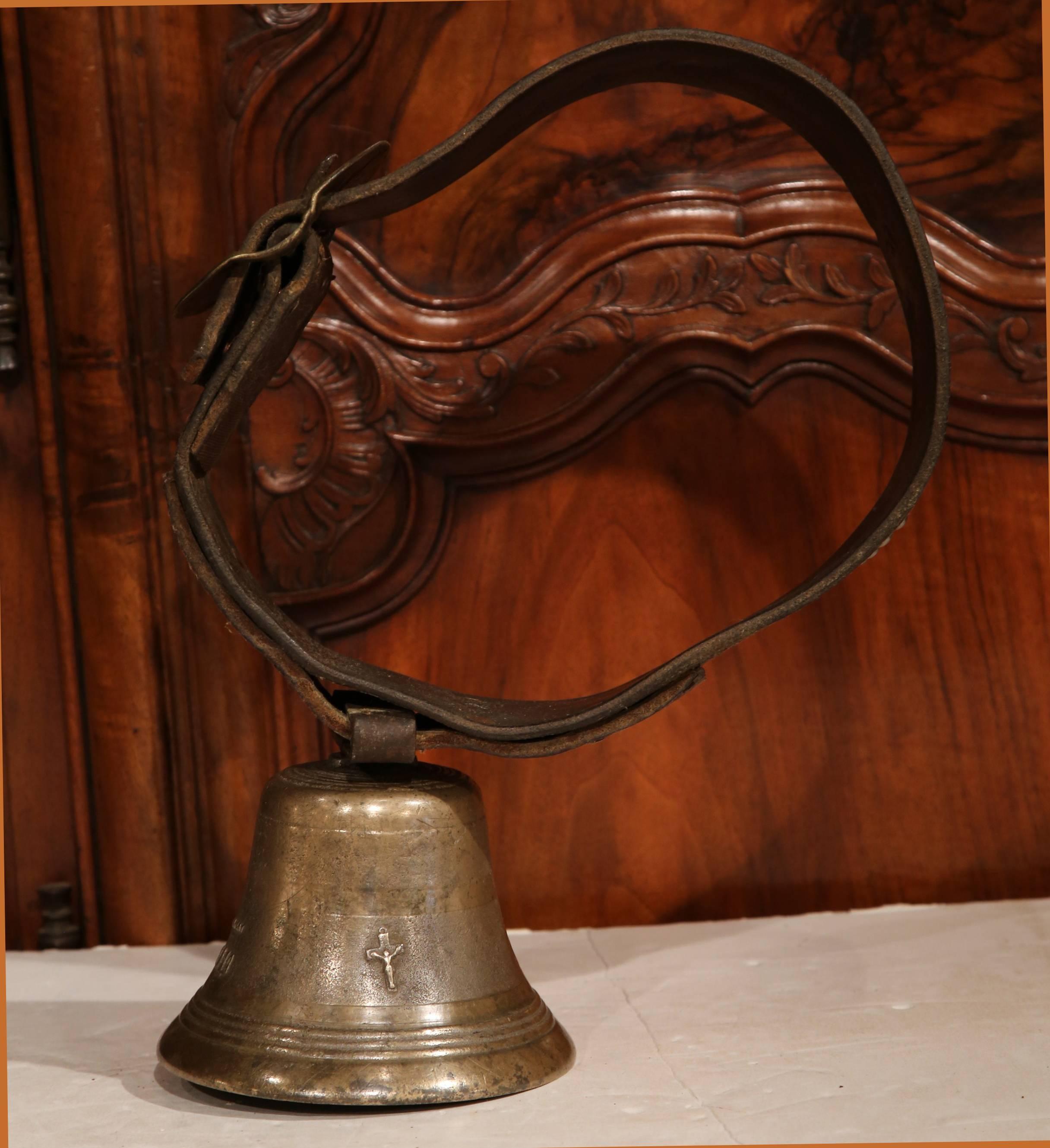 Early 20th Century Swiss Bronze Cow Bell with Leather Collar Dated 1911 2