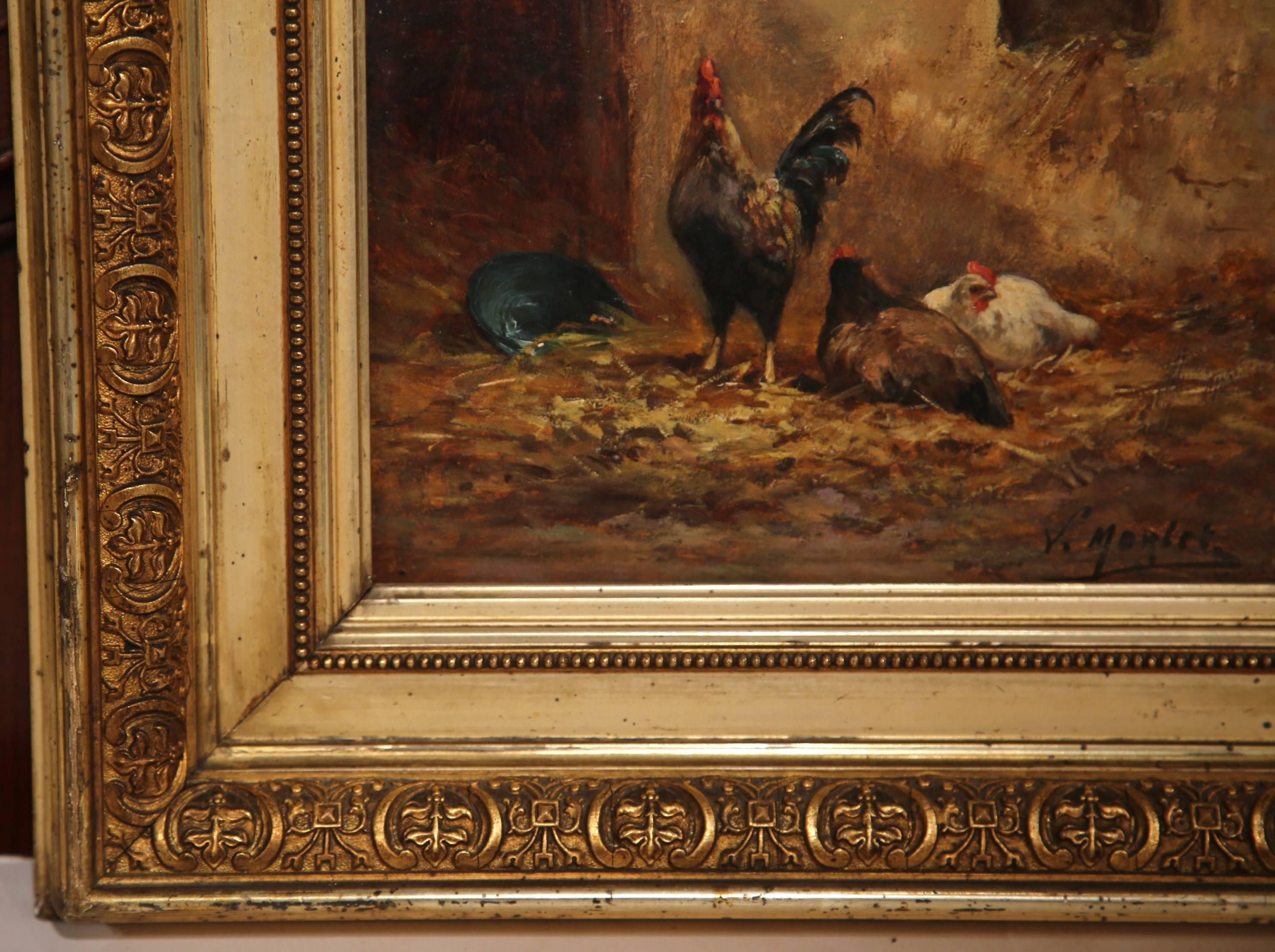 Wood 19th Century French Oil on Board Chicken Painting in Gilt Frame Signed Morlet