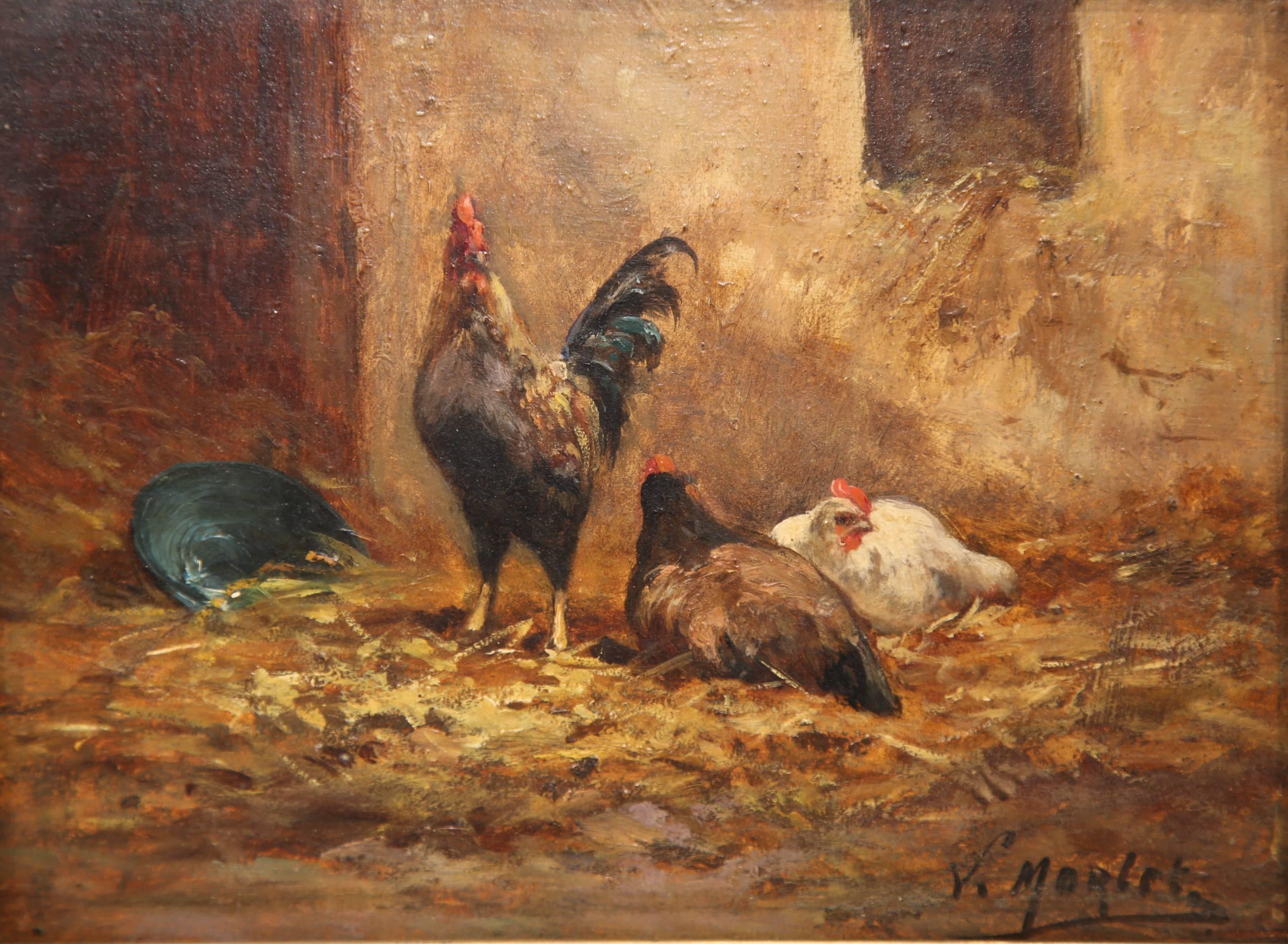 This bucolic, antique painting from France, circa 1870, features three chickens eating in a yard. The piece is in its original carved gold leaf frame and is signed on the bottom right 
