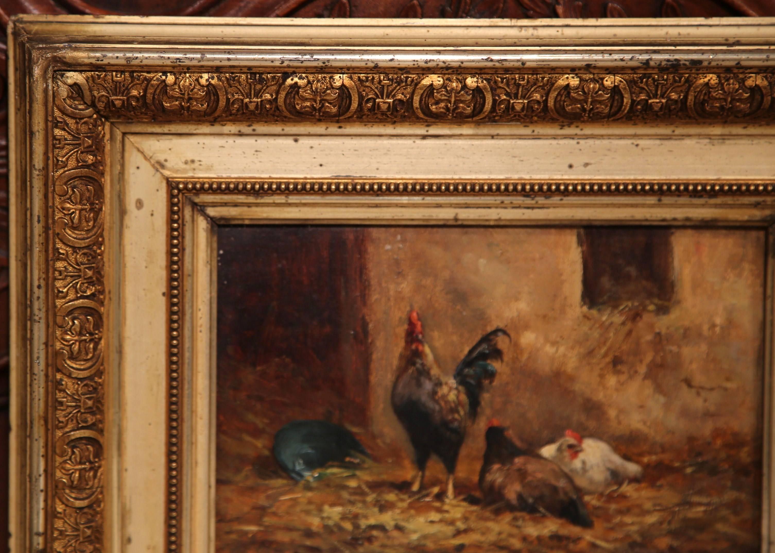 19th Century French Oil on Board Chicken Painting in Gilt Frame Signed Morlet In Excellent Condition In Dallas, TX