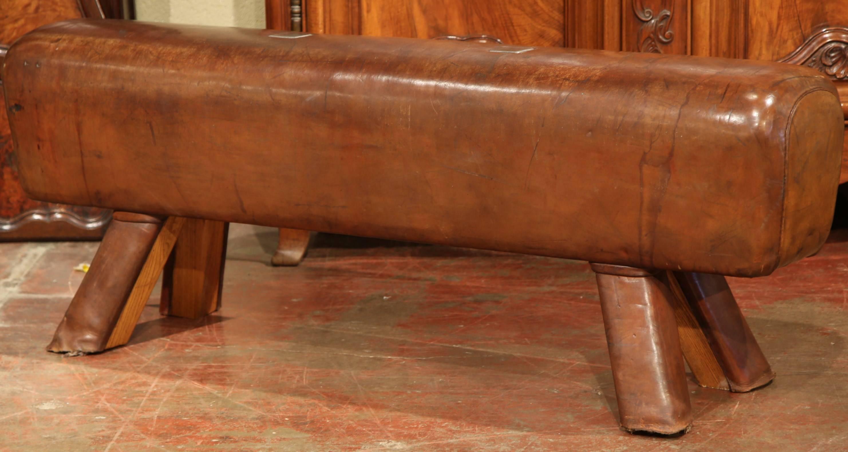 Hand-Crafted Early 20th Century Czech Pommel Horse Bench with Brown Leather from Prague