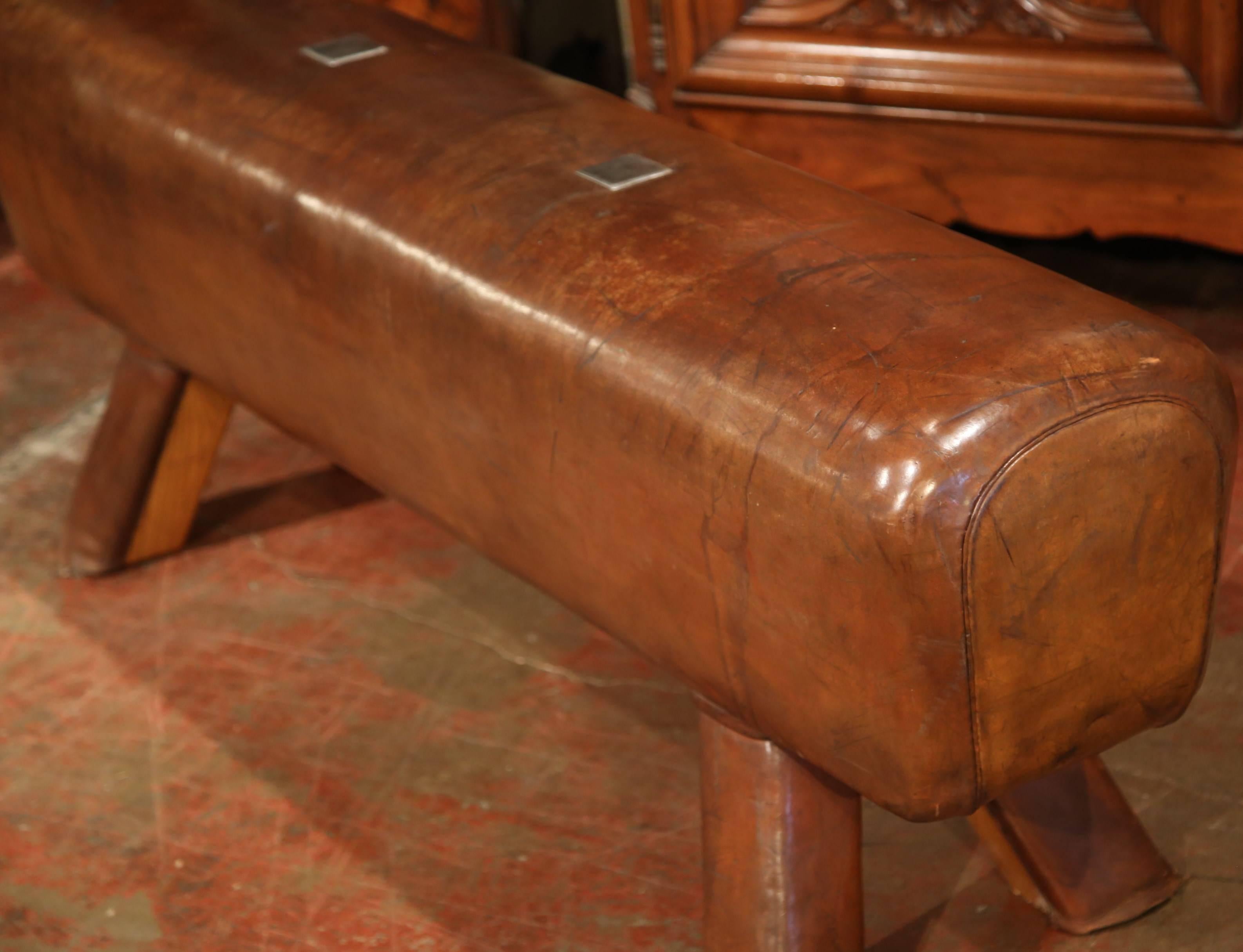 Early 20th Century Czech Pommel Horse Bench with Brown Leather from Prague In Excellent Condition In Dallas, TX