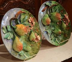 Two 19th Century French Hand-Painted Barbotine Platters with Apples and Pears
