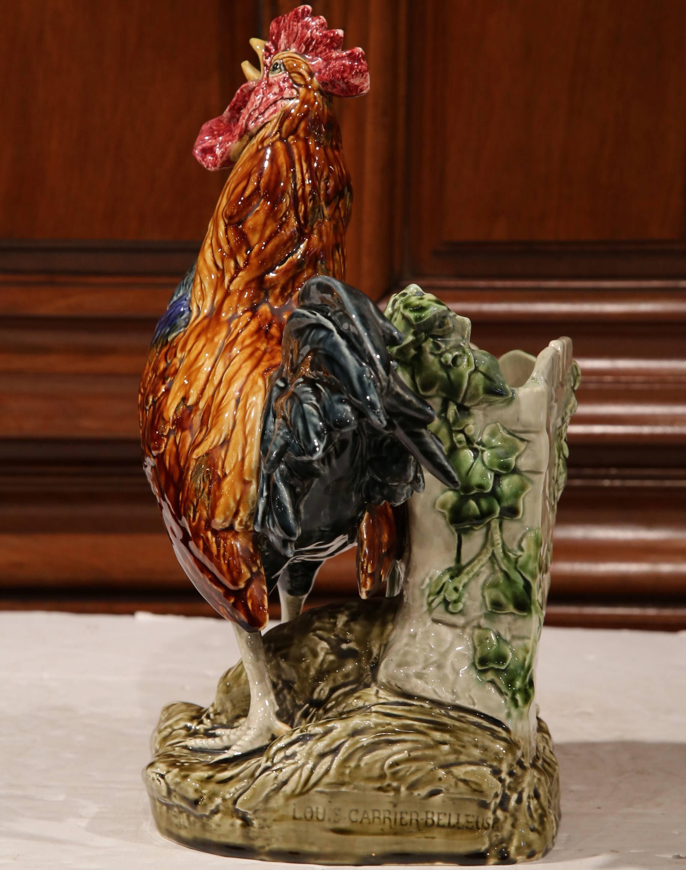 19th Century French Hand-Painted Faience Rooster Vase Signed Carrier-Belleuse In Excellent Condition In Dallas, TX