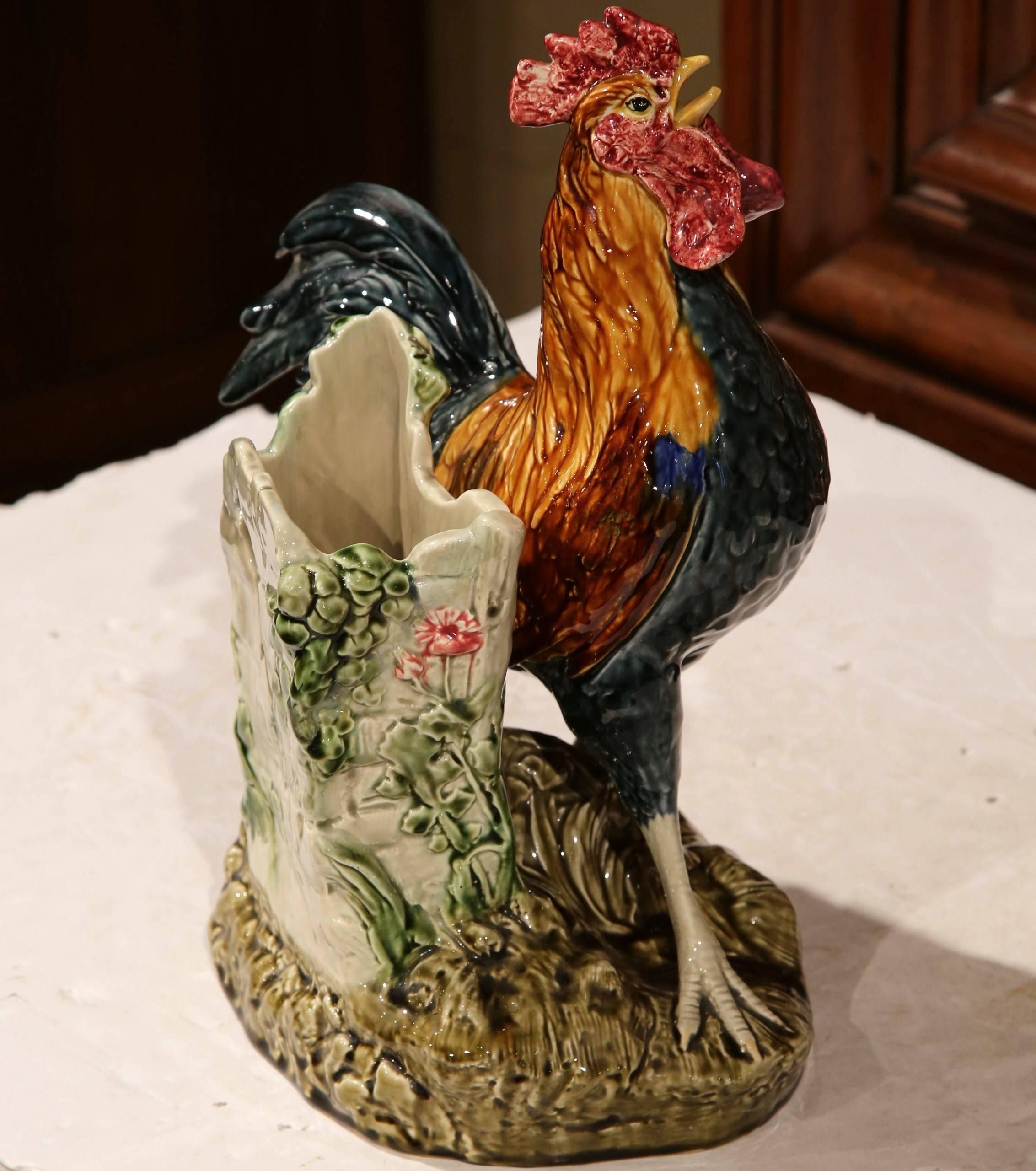 19th Century French Hand-Painted Faience Rooster Vase Signed Carrier-Belleuse 2