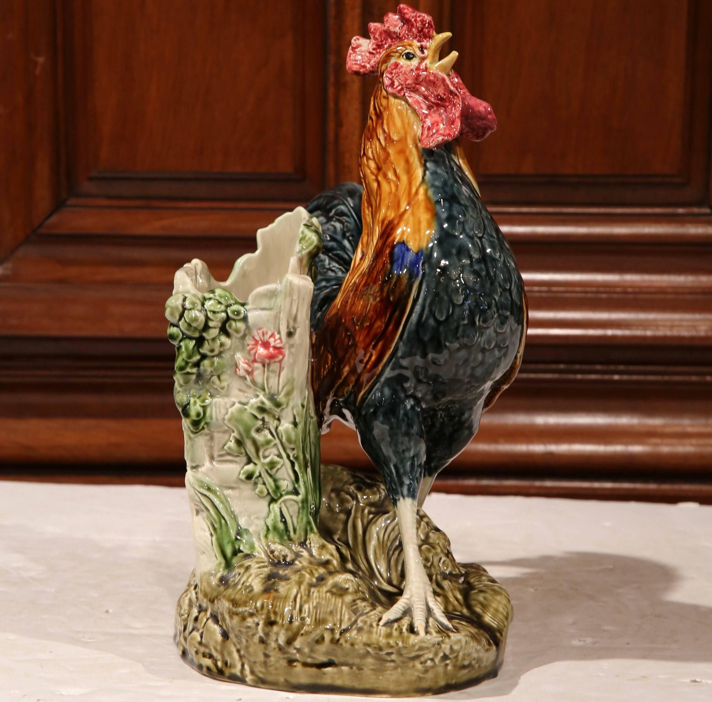 Bring the bucolic beauty of the French countryside into your home with this hand-painted, antique rooster from France, circa 1880. The statement-making rooster is attached to a vase that's perfect for holding flowers. The colorful sculpture is