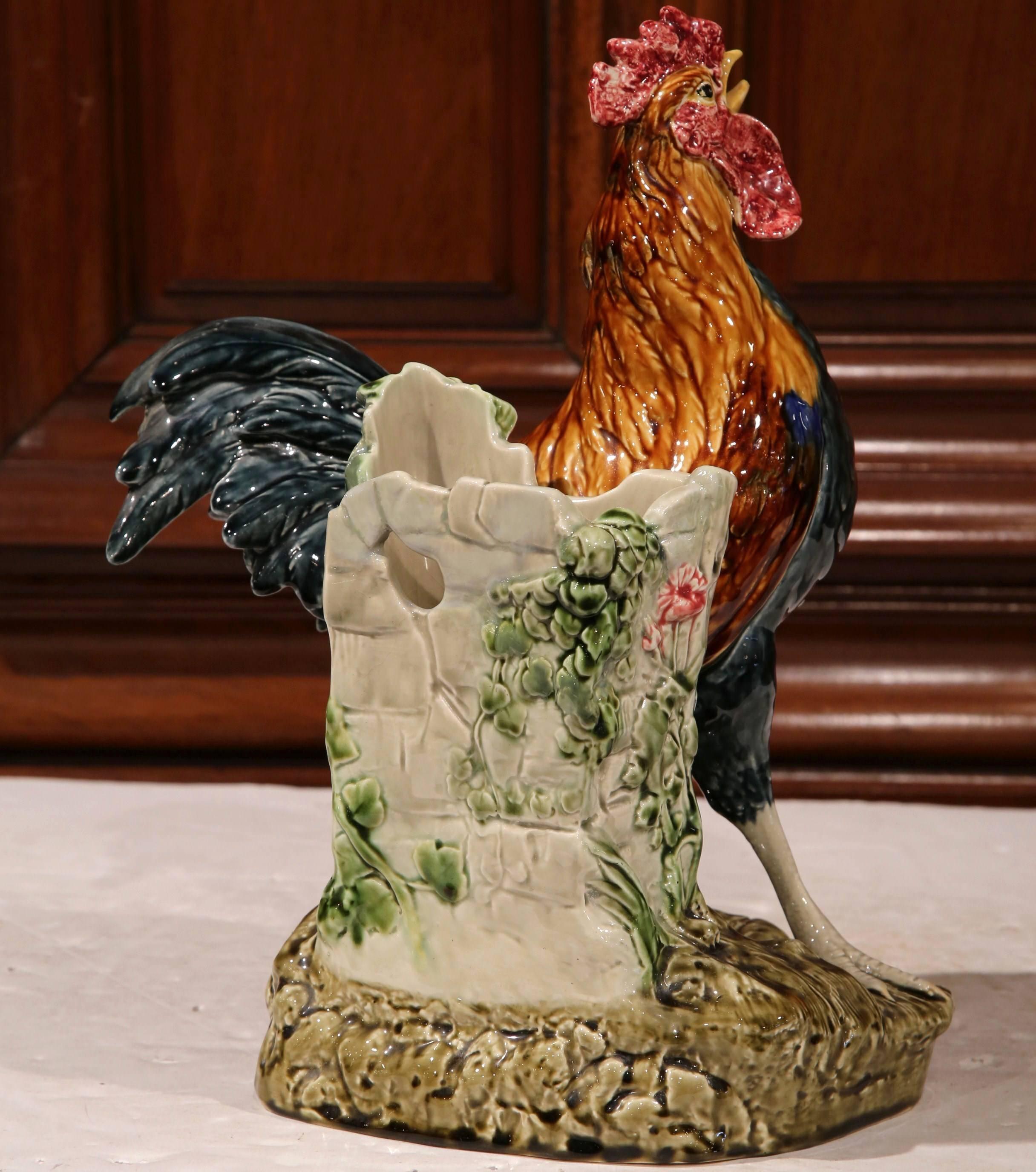 19th Century French Hand-Painted Faience Rooster Vase Signed Carrier-Belleuse 3