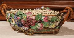 19th Century French Hand-Painted Barbotine Jardiniere with Flowers and Leaves
