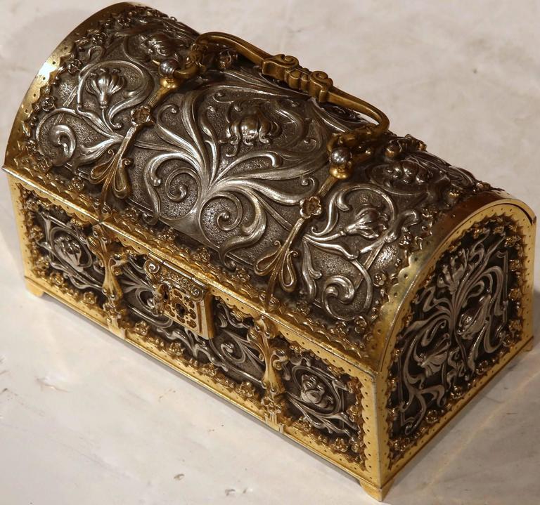 19th Century French Gothic Silvered Bronze Doré Jewelry Box with ...