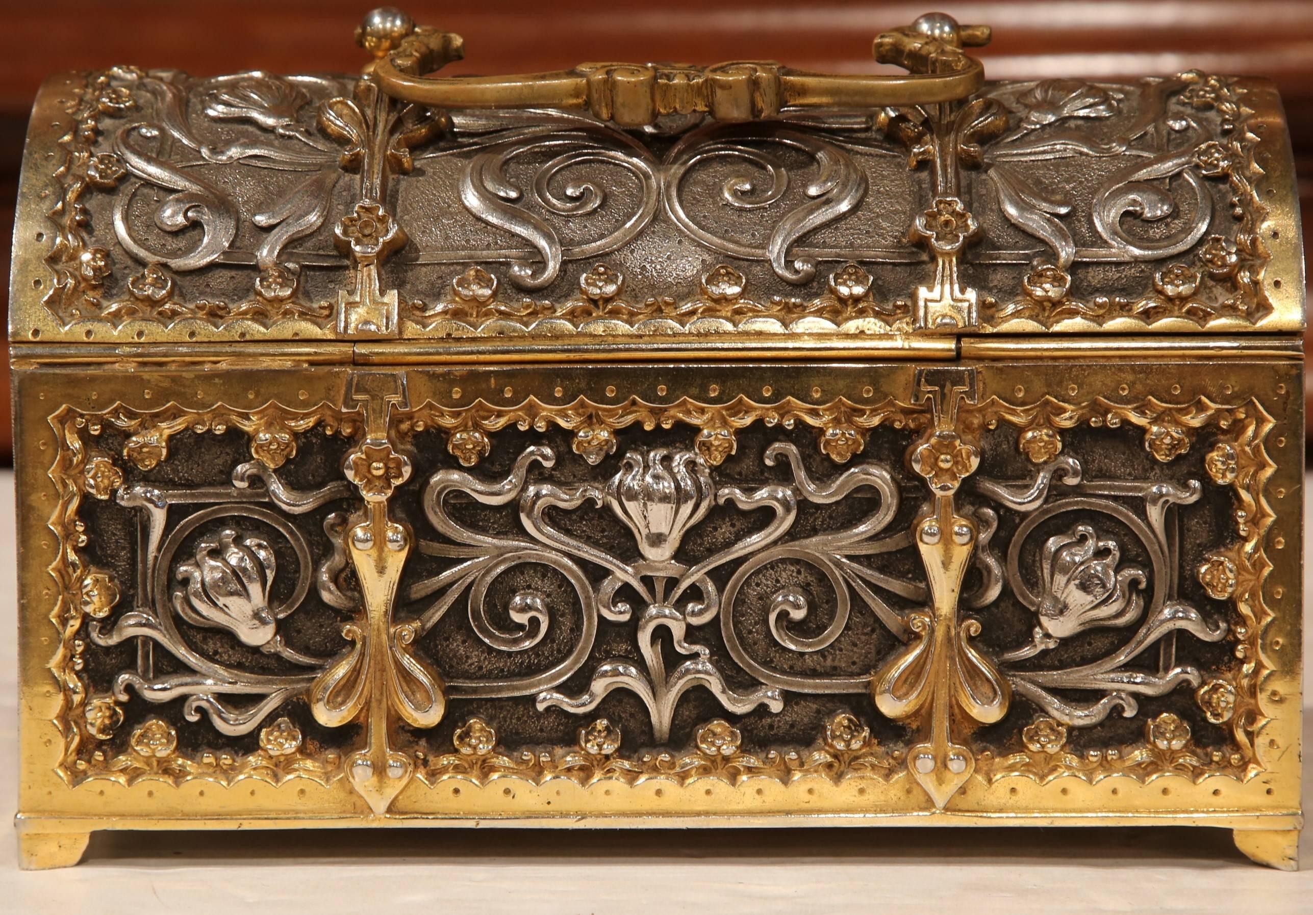 19th Century French Gothic Silvered Bronze Doré Jewelry Box with Flowers Motifs 2