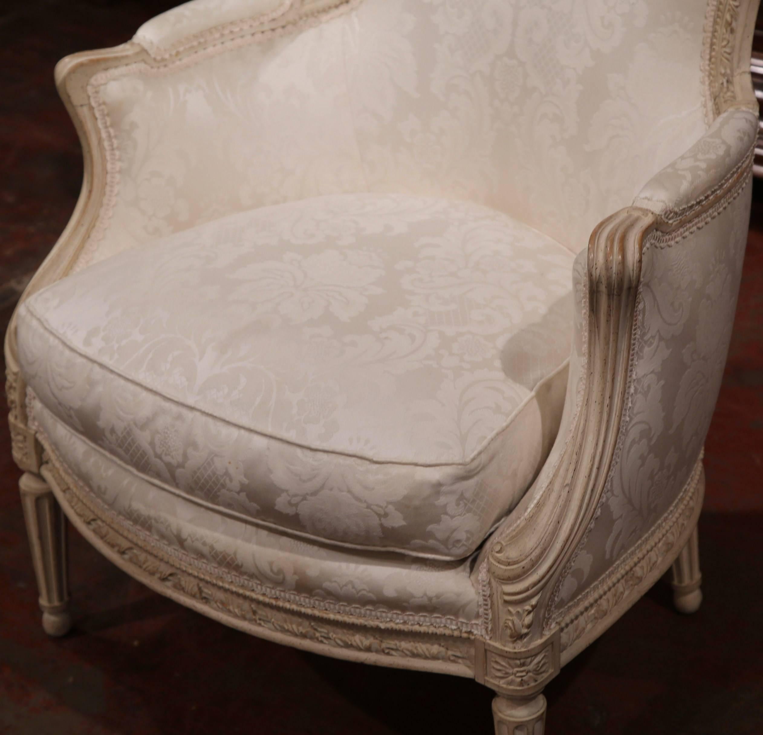 Hand-Carved Pair of Midcentury French Louis XVI Carved Painted Bergères Armchairs