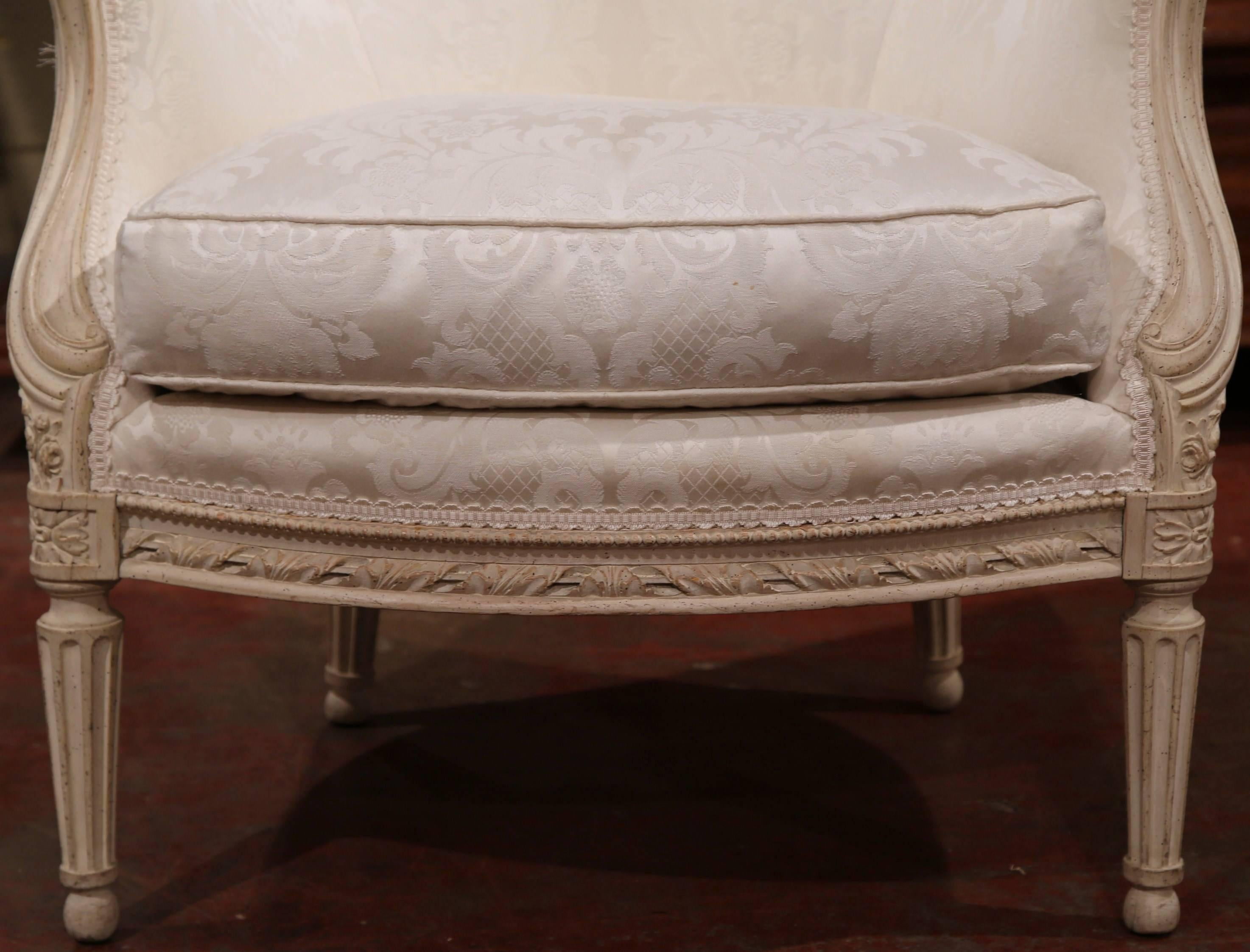 20th Century Pair of Midcentury French Louis XVI Carved Painted Bergères Armchairs