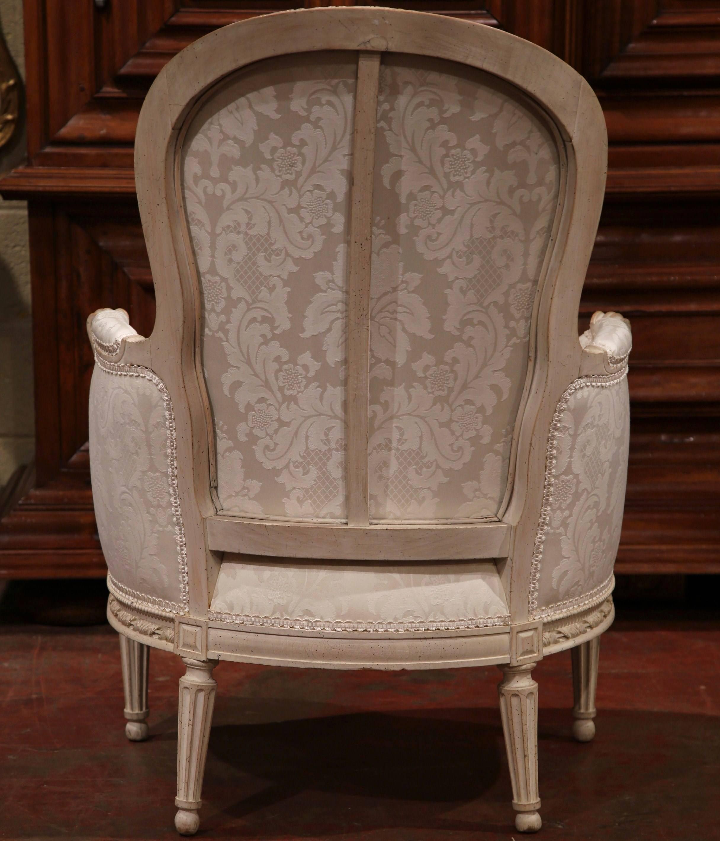 Pair of Midcentury French Louis XVI Carved Painted Bergères Armchairs 3