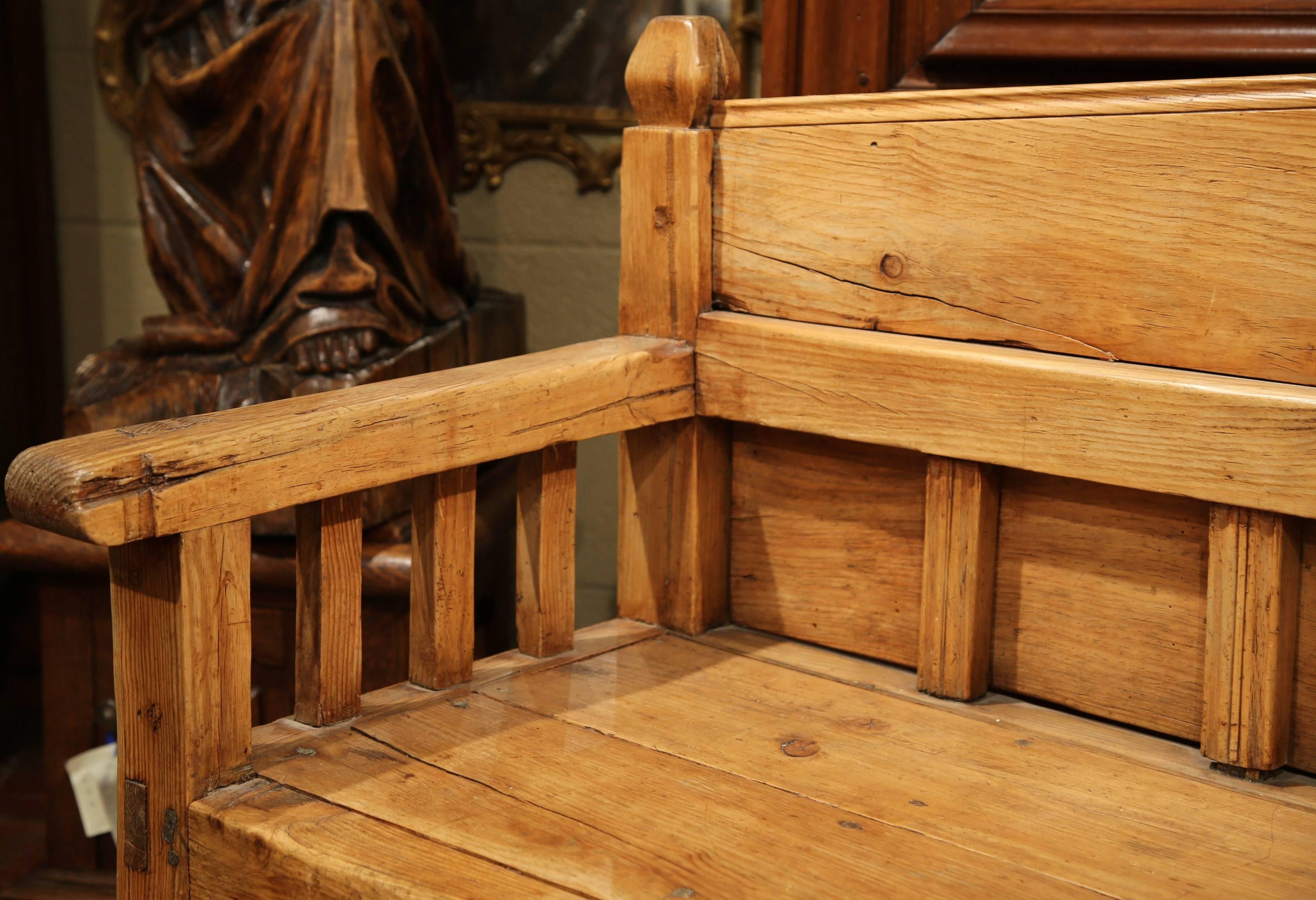 19th Century Country French Carved Pine Bench with Back from the Pyrenees In Excellent Condition In Dallas, TX