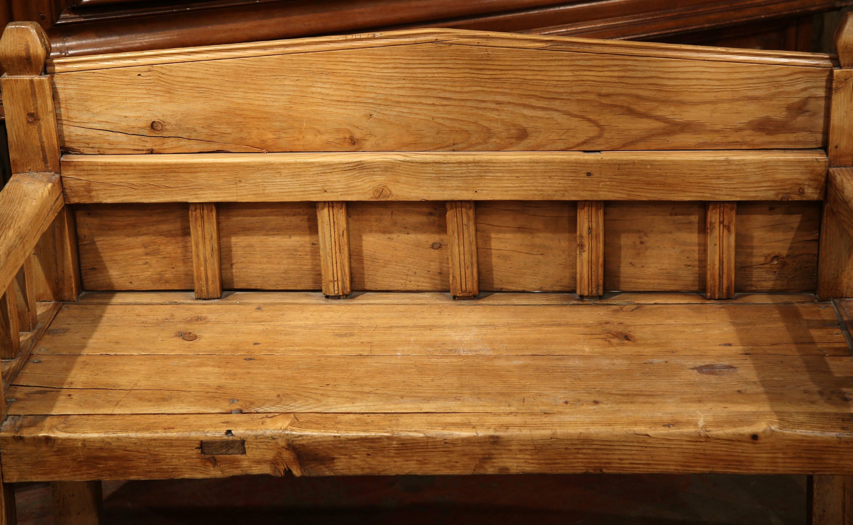 Rustic 19th Century Country French Carved Pine Bench with Back from the Pyrenees