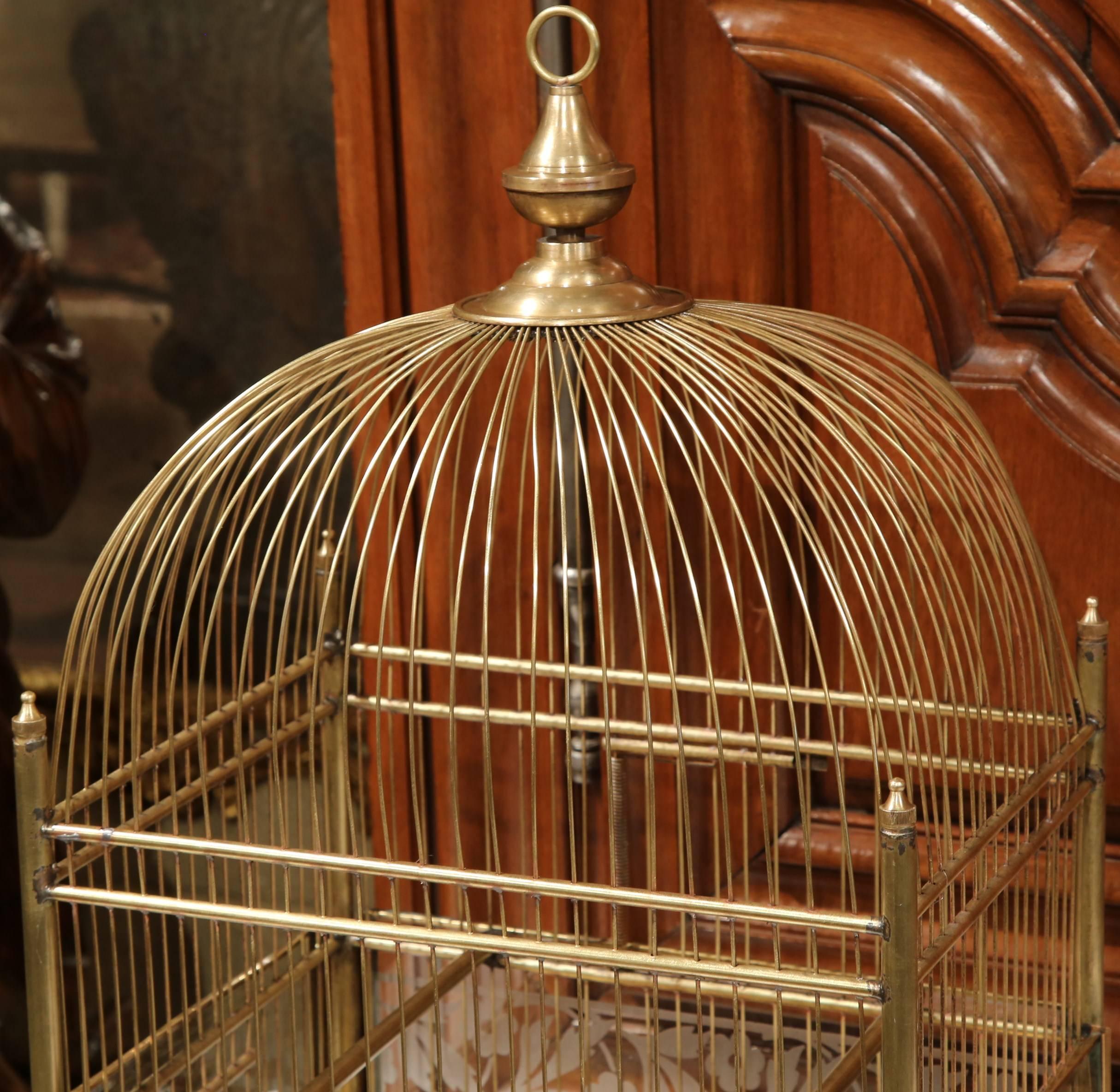 19th Century French Napoleon III Brass Birdcage with Painted Glass Sides In Excellent Condition In Dallas, TX