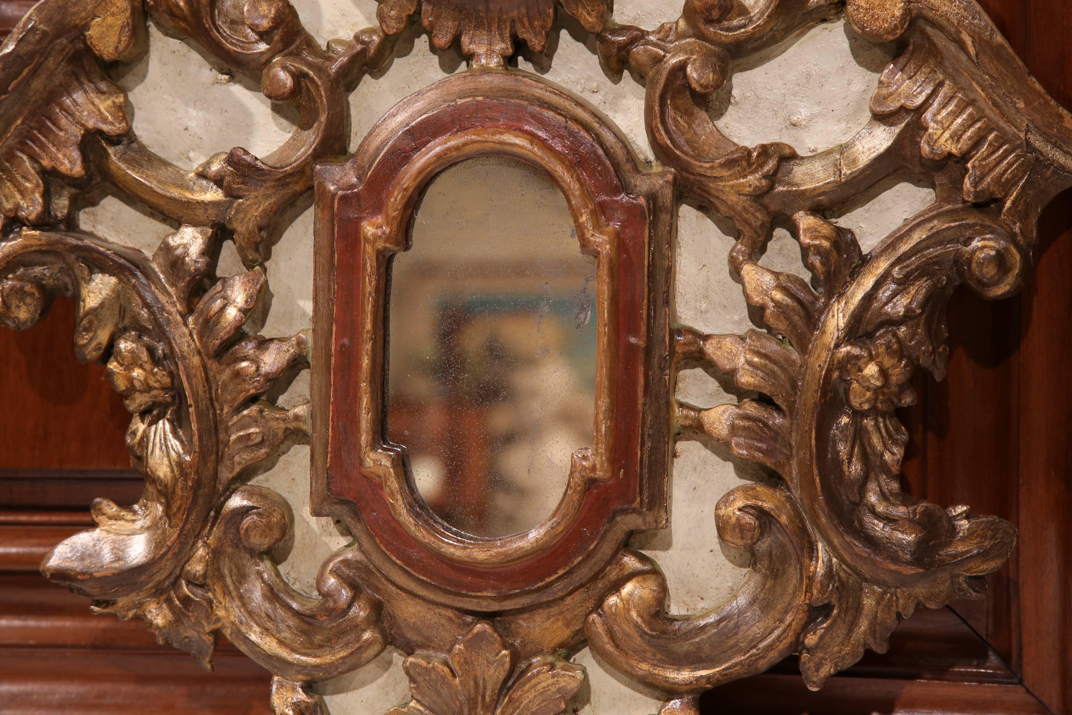 Hand-Carved Early 19th Century Italian Painted and Gilt Carved Reliquary Frame with Mirror