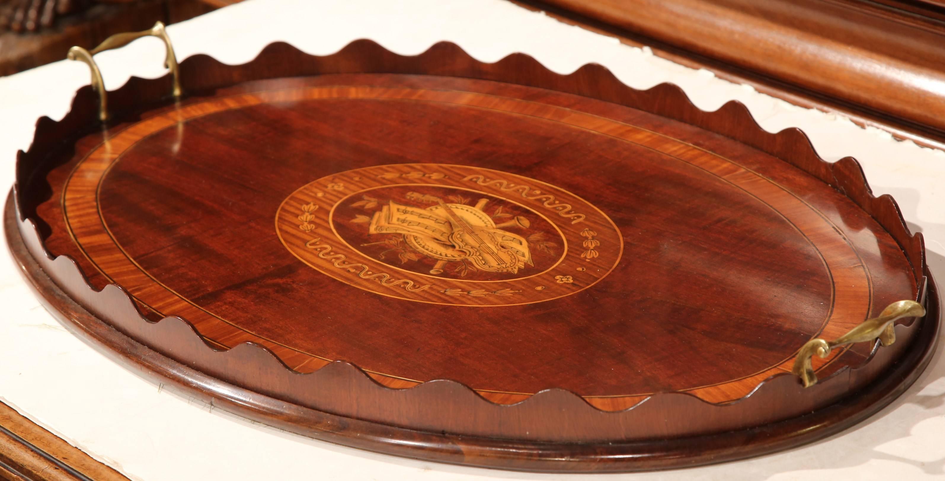 Early 20th Century Marquetry Handled Tea Tray with Musical Instrument Inlay In Excellent Condition In Dallas, TX