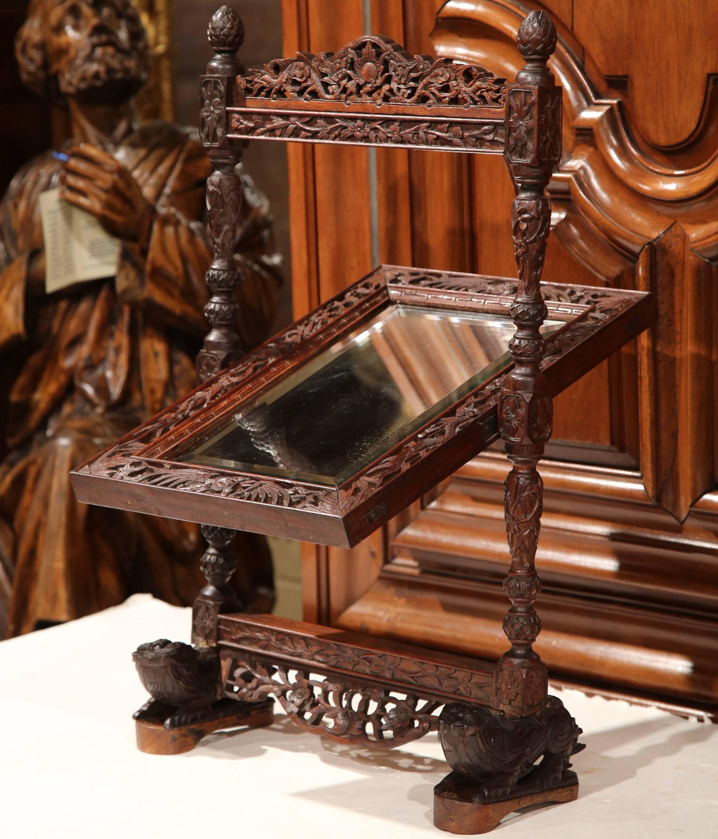 Hand-Carved 19th Century French Black Forest Carved Oak Freestanding Vanity Table Mirror
