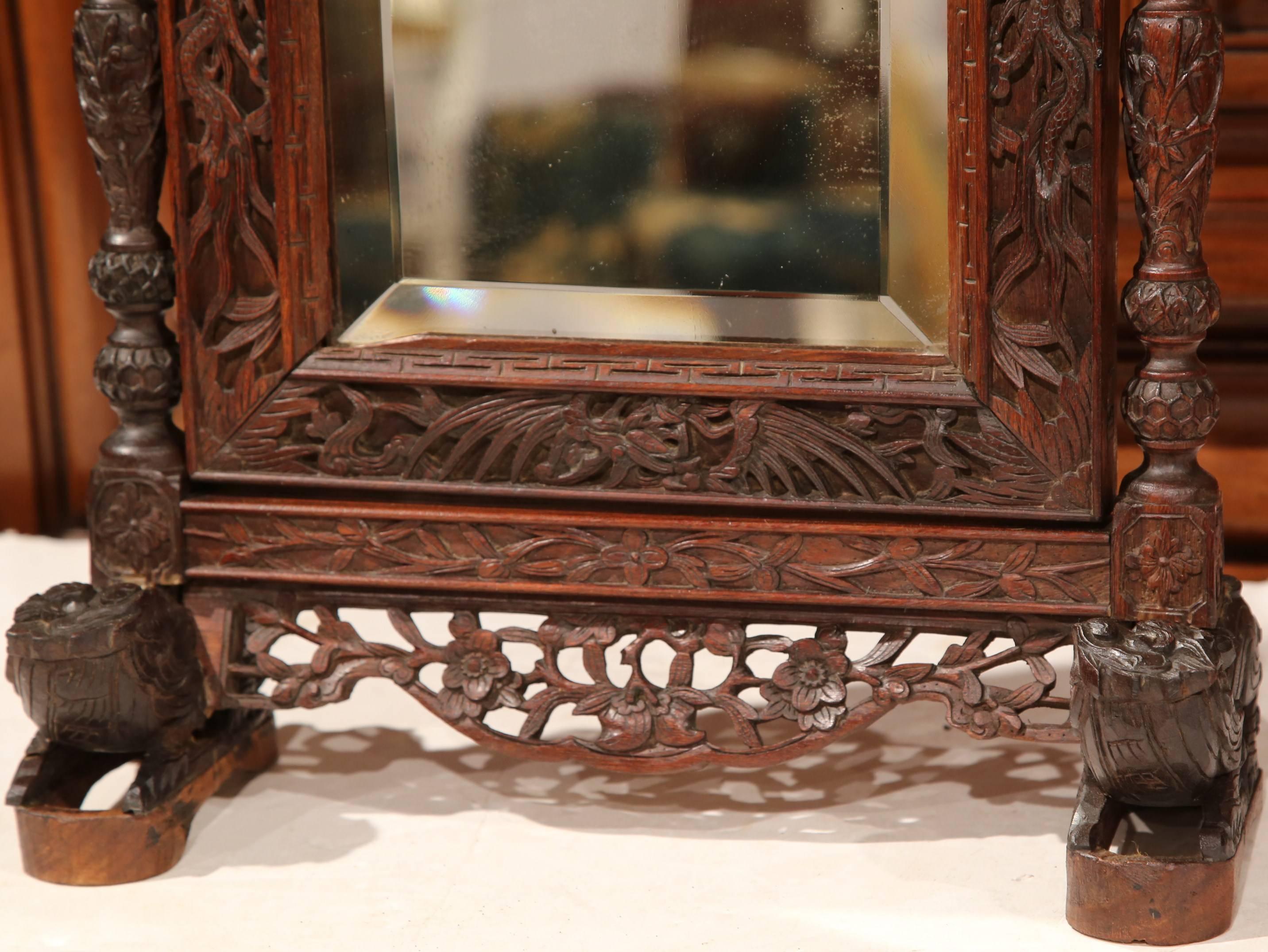 Mercury Glass 19th Century French Black Forest Carved Oak Freestanding Vanity Table Mirror