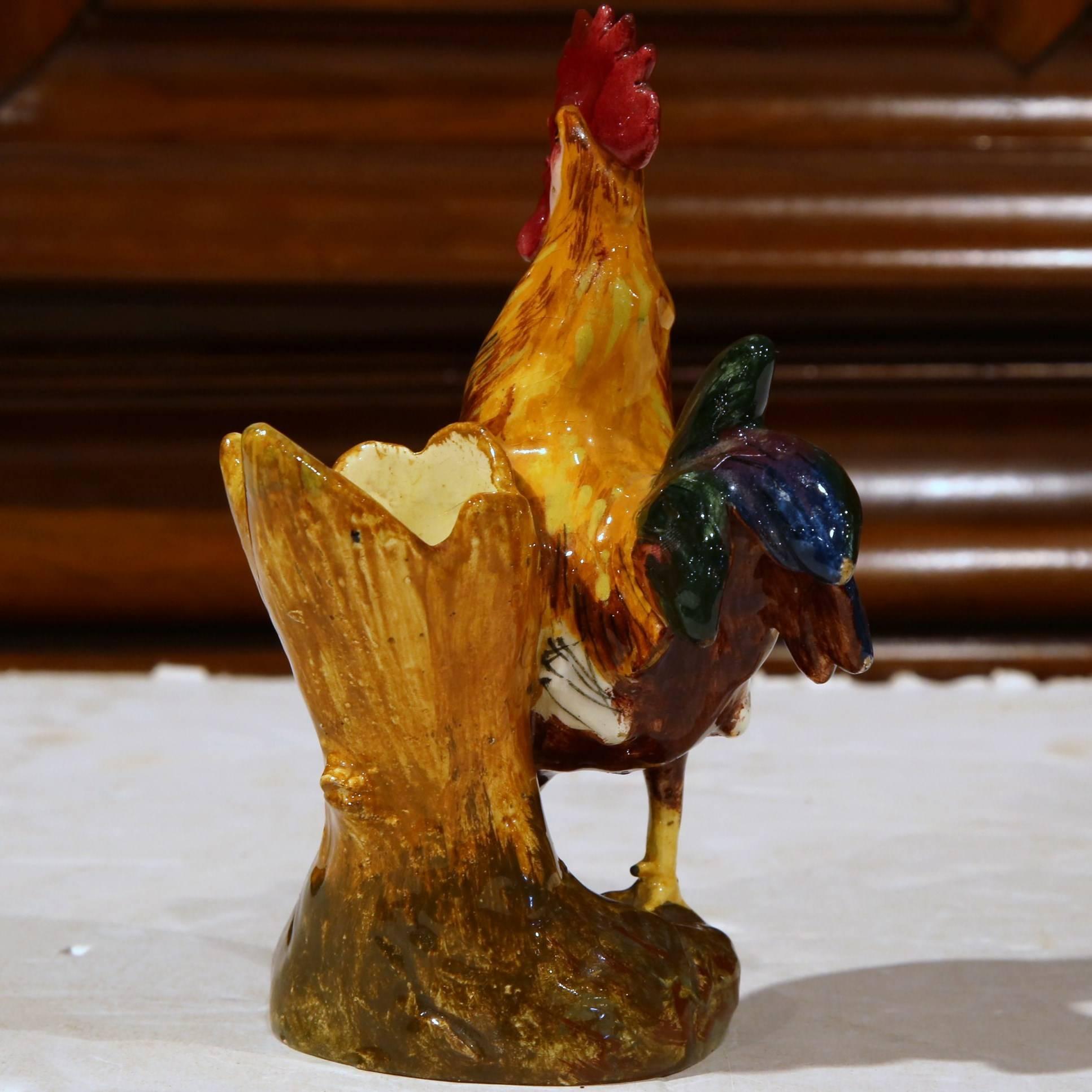 Français Vase à coq Barbotine du 19ème siècle, peint à la main, signé Jerome Massier