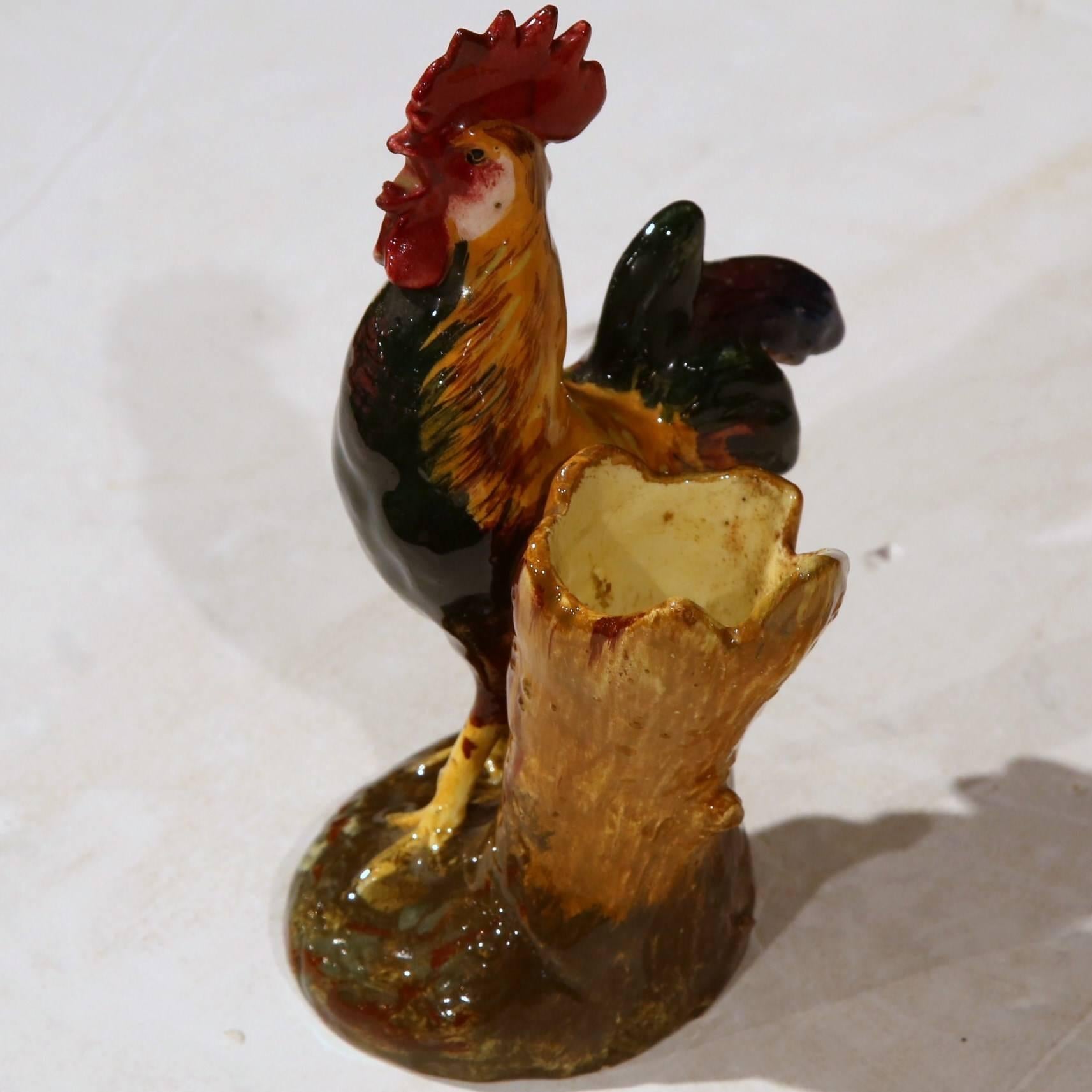 Country Vase à coq Barbotine du 19ème siècle, peint à la main, signé Jerome Massier
