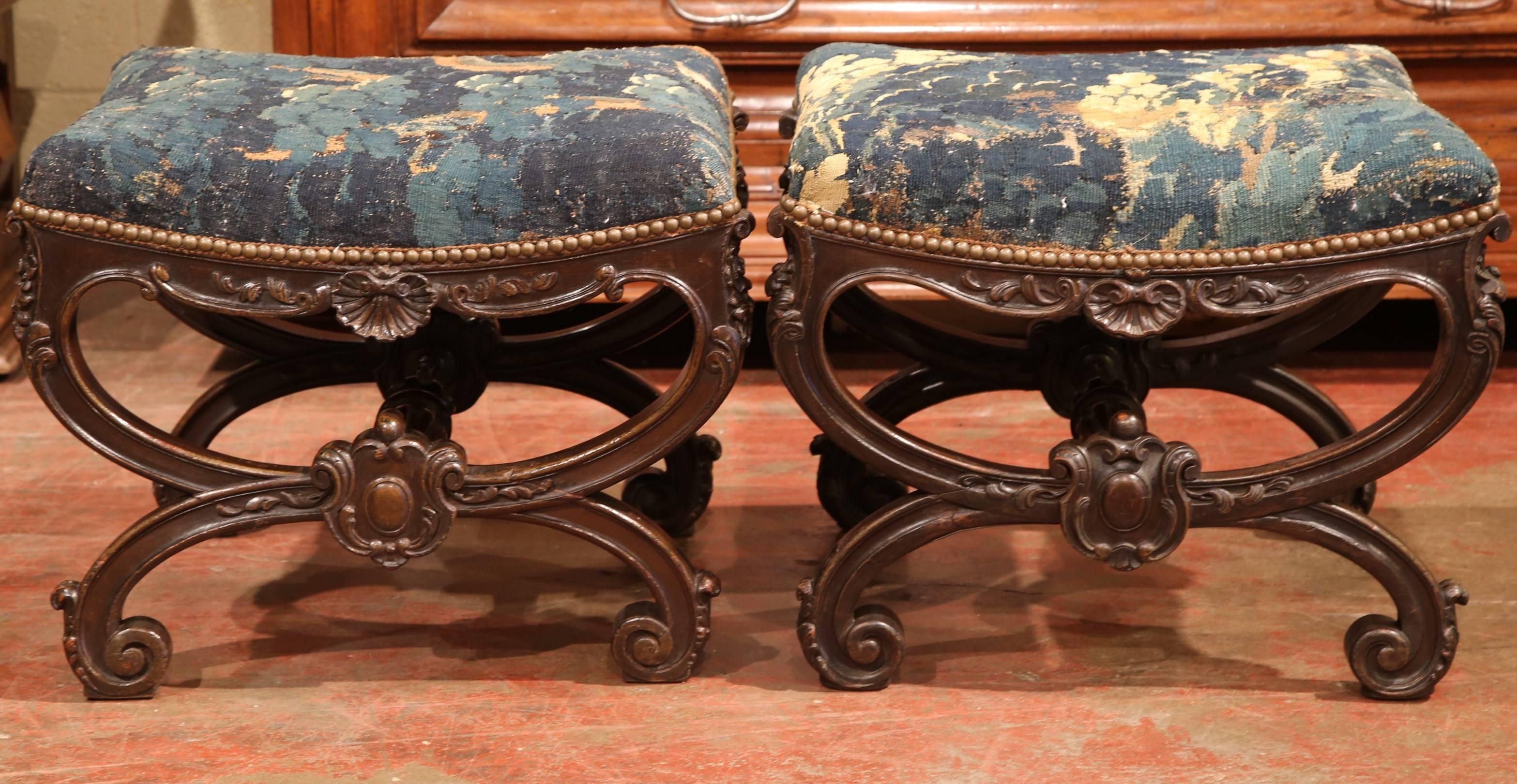 Pair of Early 19th Century French Louis XIV Carved Stools with Aubusson Tapestry 2