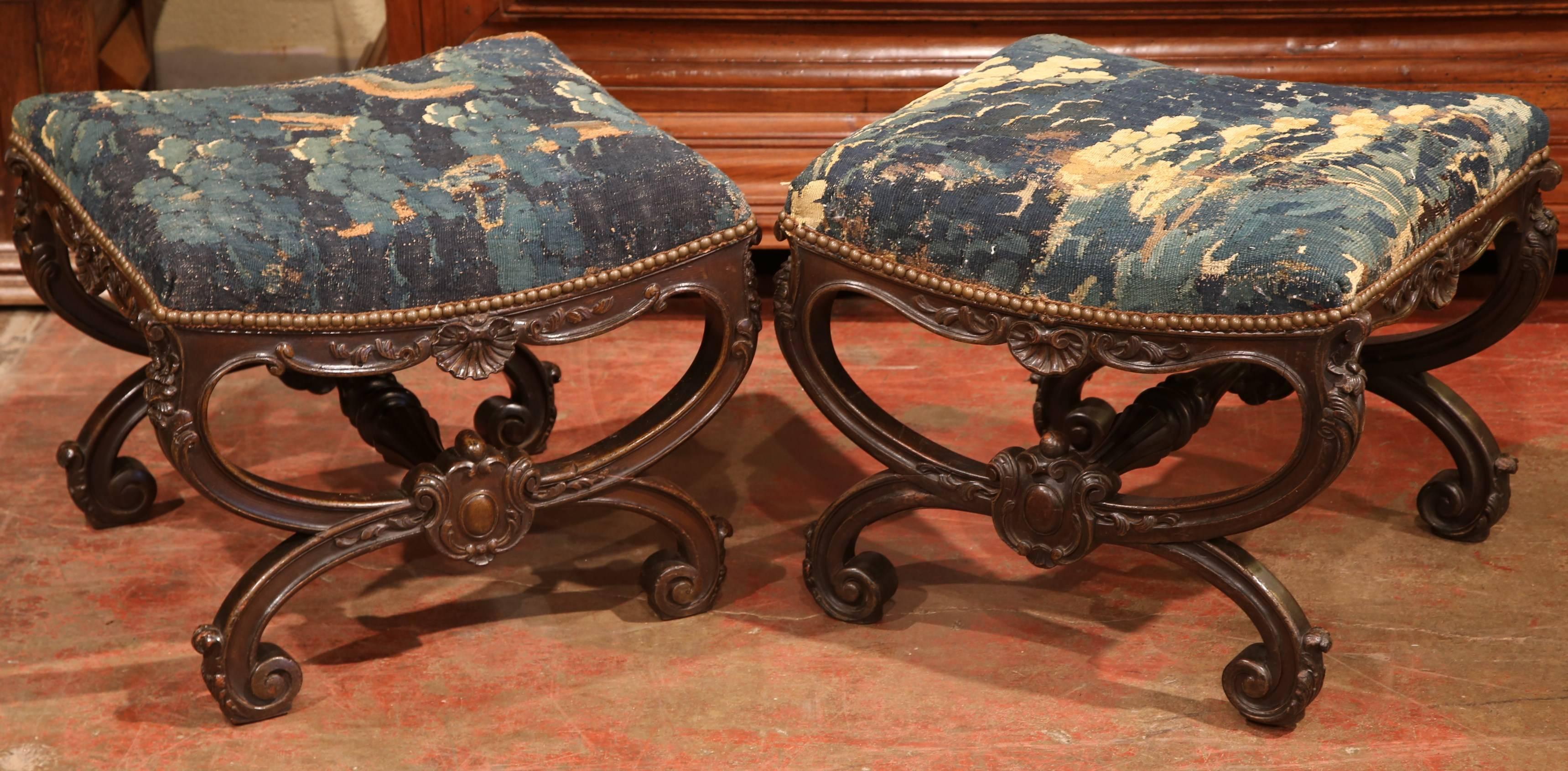 Pair of Early 19th Century French Louis XIV Carved Stools with Aubusson Tapestry 1