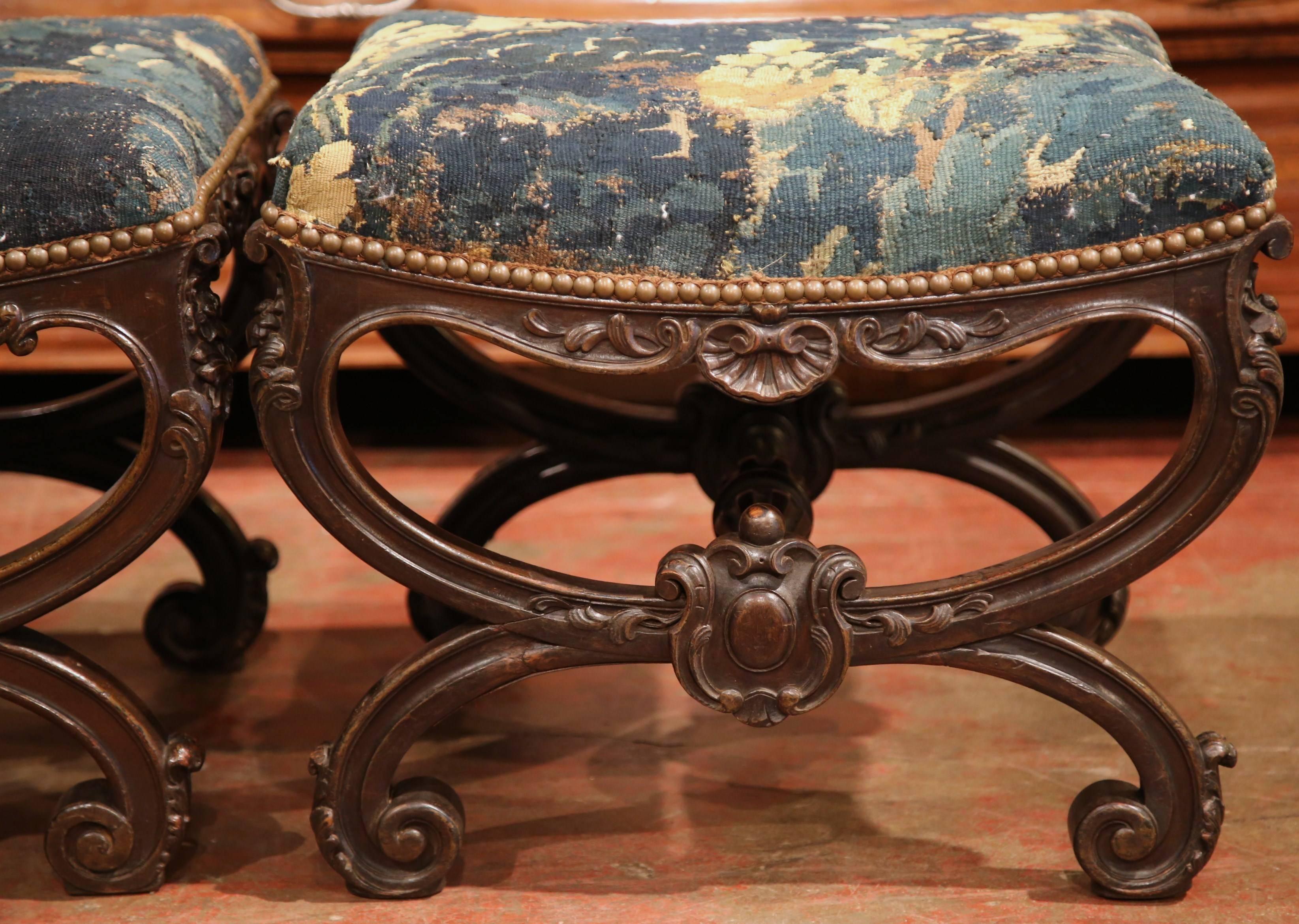 Hand-Carved Pair of Early 19th Century French Louis XIV Carved Stools with Aubusson Tapestry