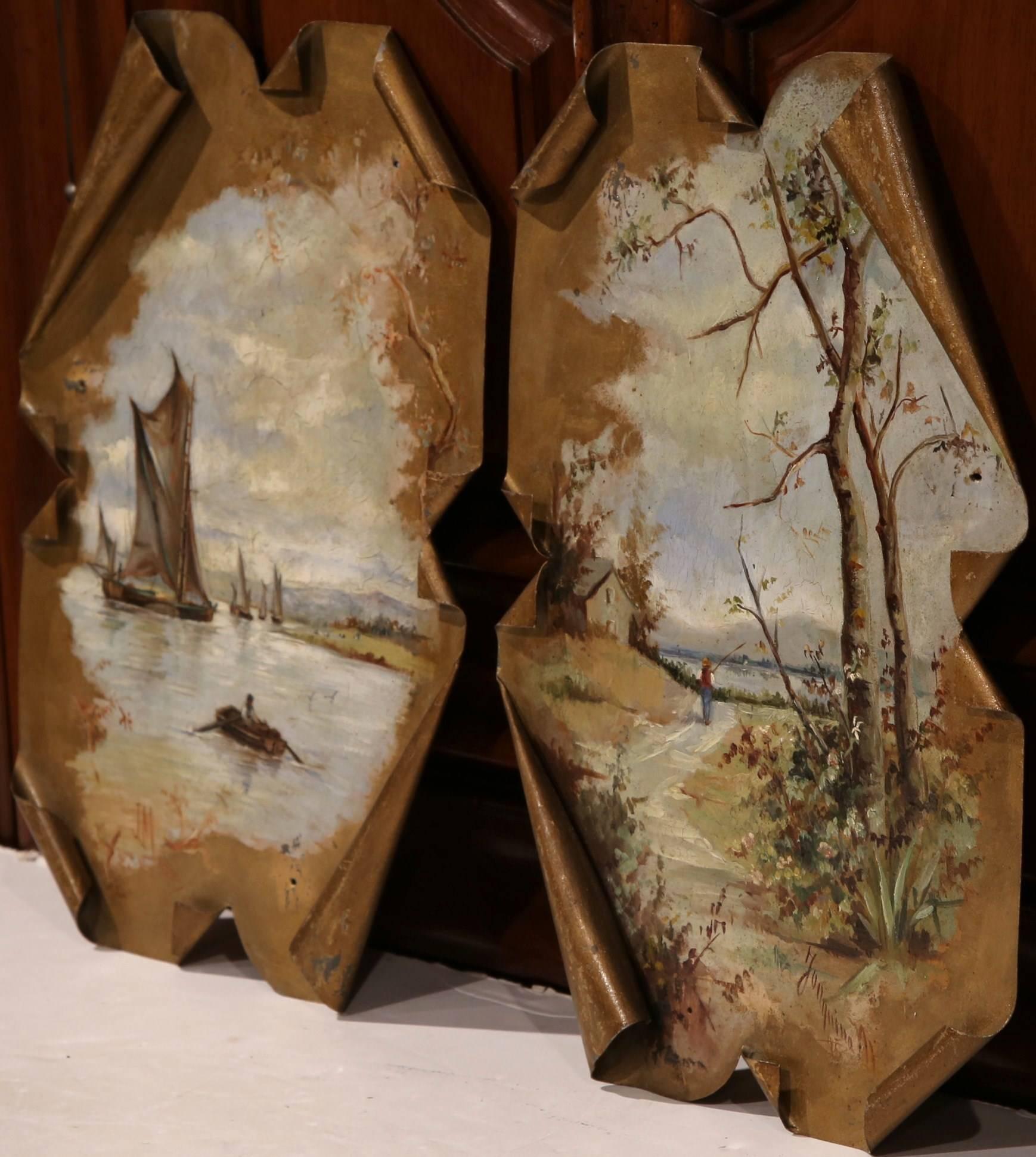 Pair of 19th Century French Hand-Painted Tole Wall Panels Signed Jonquina 1