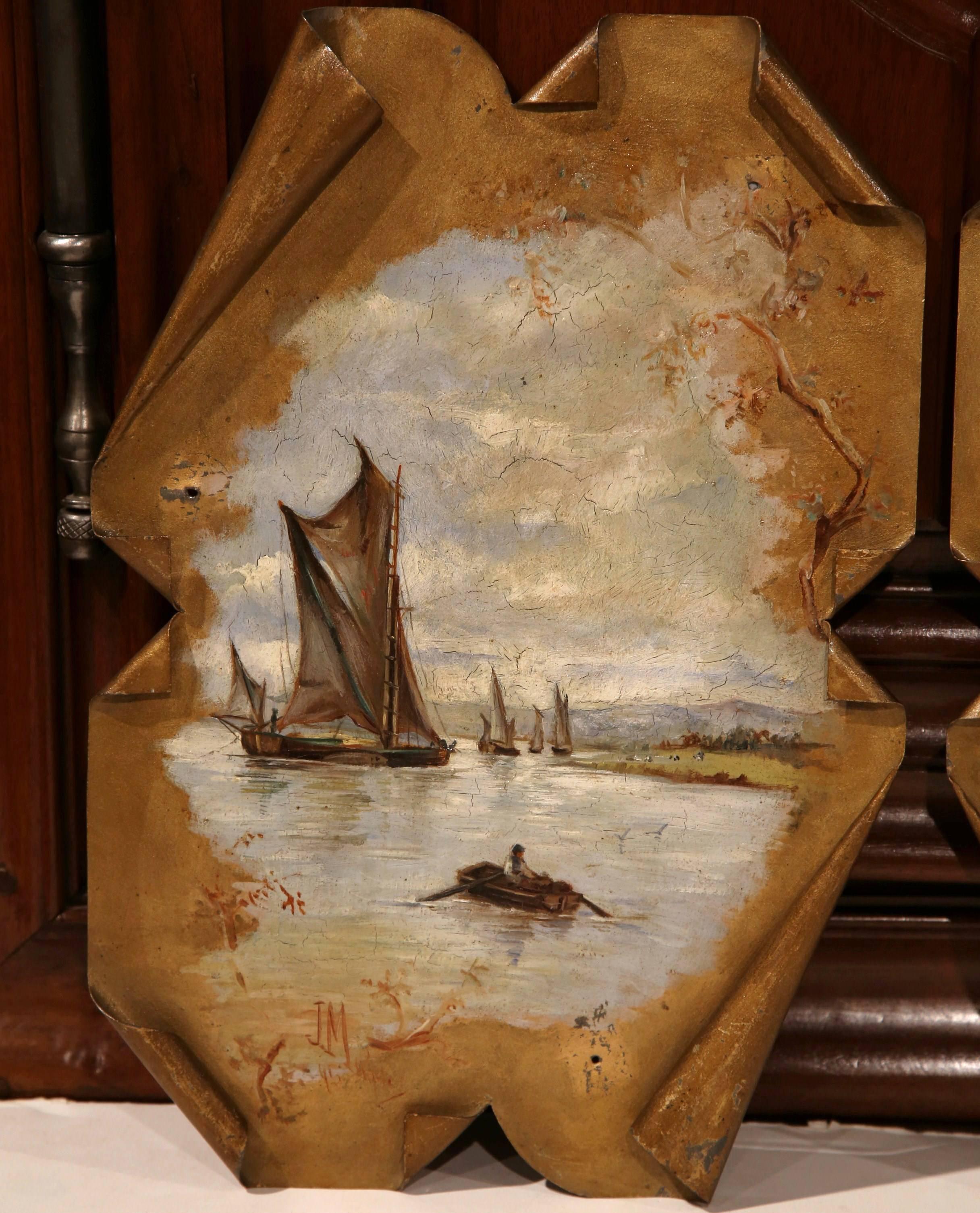 Embellish any room in your home with this interesting pair of antique tole paintings from France, circa 1880. Both compositions feature hand-painted, bucolic pastoral scenes reminiscent of the French countryside. Each panel has been purposely curved
