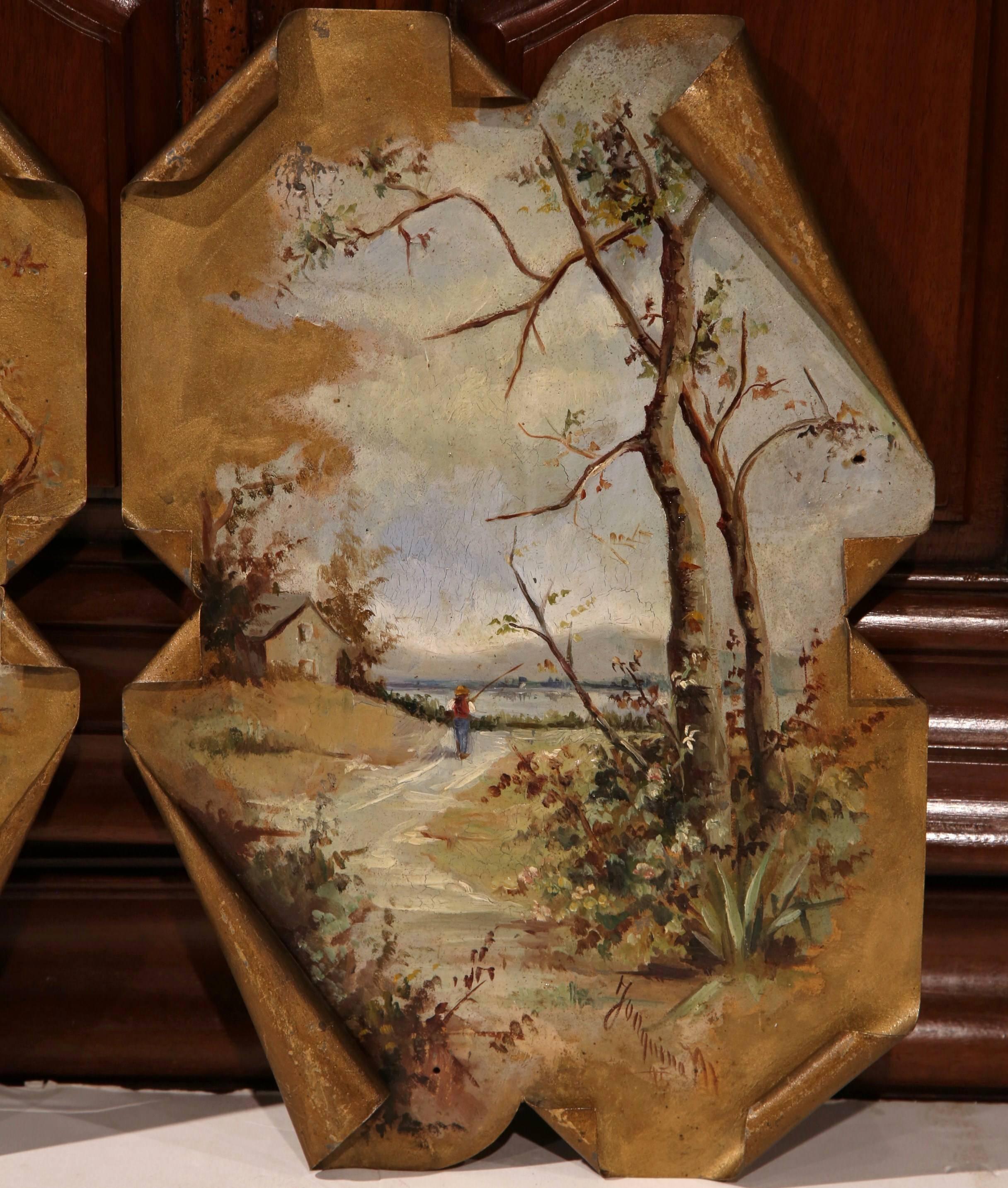 Pair of 19th Century French Hand-Painted Tole Wall Panels Signed Jonquina In Excellent Condition In Dallas, TX
