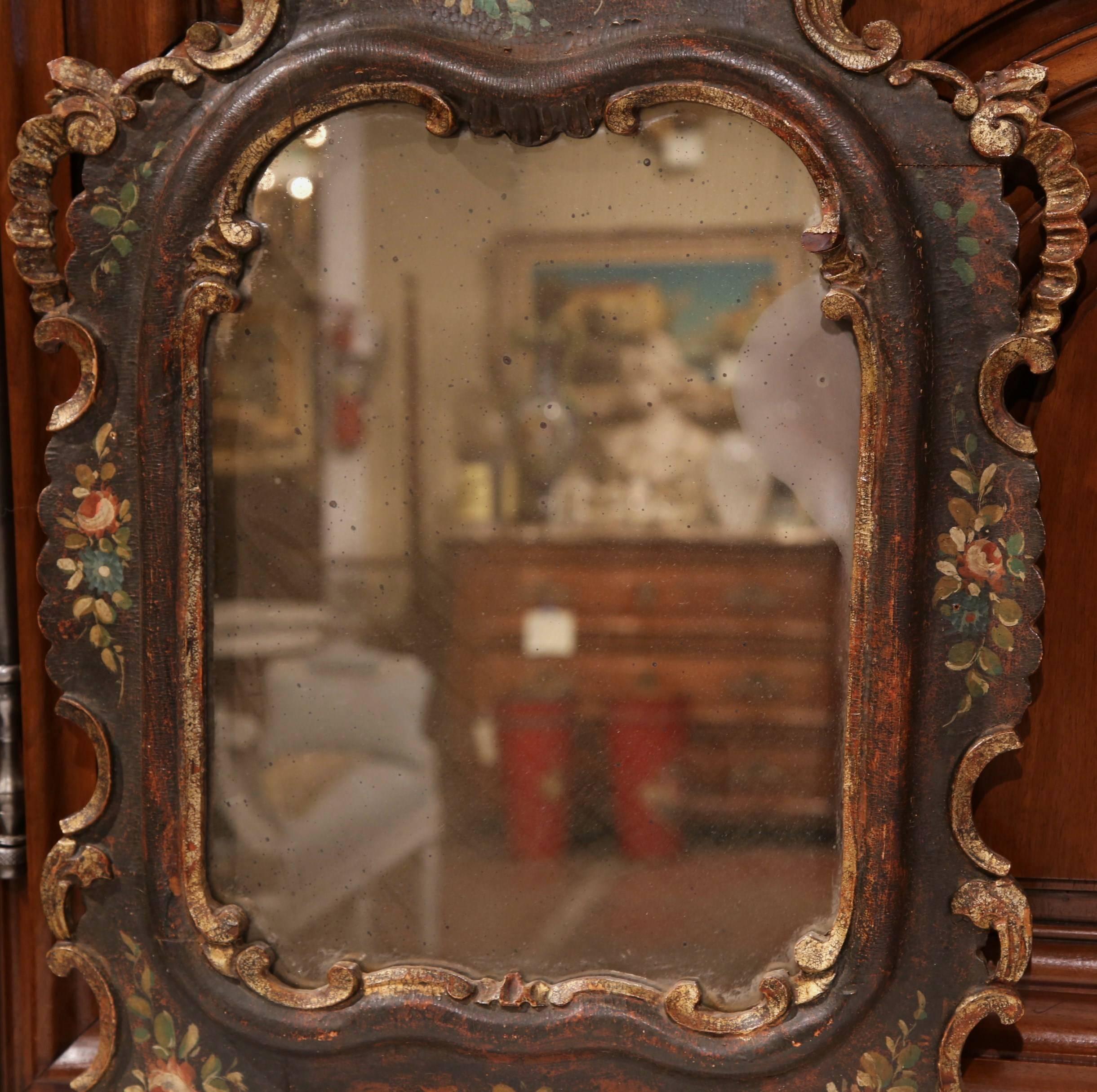 Hand-Carved 19th Century French Napoleon III Carved Wall Mirror with Hand-Painted Flowers