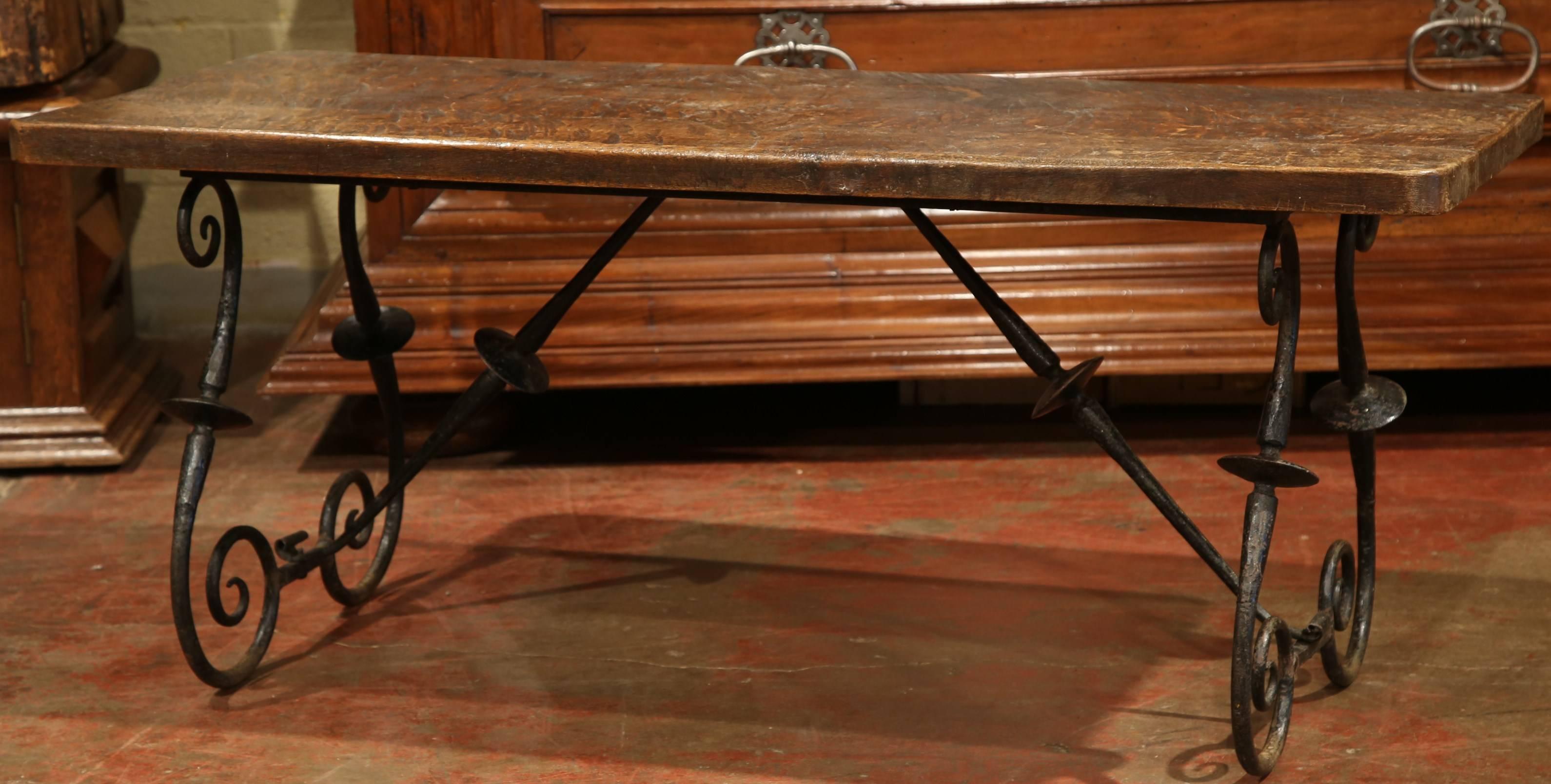Hand-Carved 19th Century Spanish Walnut Coffee Table with Iron Legs and Stretcher