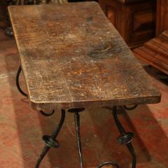 19th Century Spanish Walnut Coffee Table with Iron Legs and Stretcher